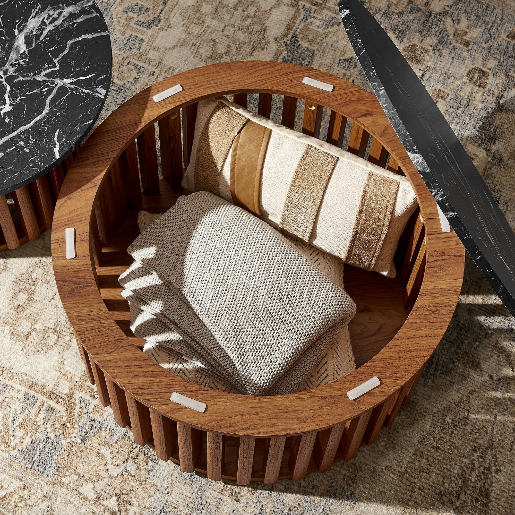 Fortitude Round Faux Marble Top Nesting Coffee Table Set in Walnut Black - Image 4