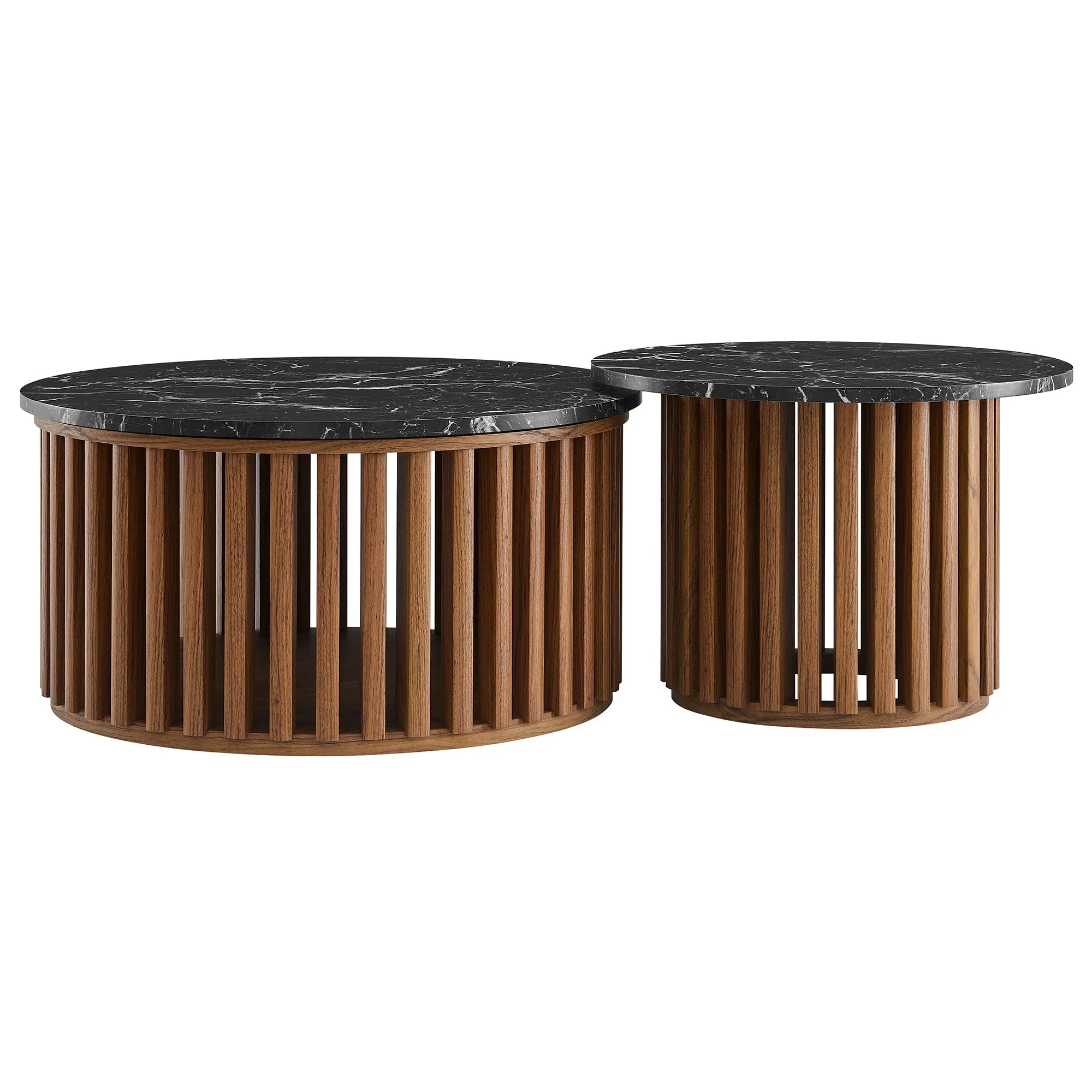 Fortitude Round Faux Marble Top Nesting Coffee Table Set in Walnut Black - Image 6