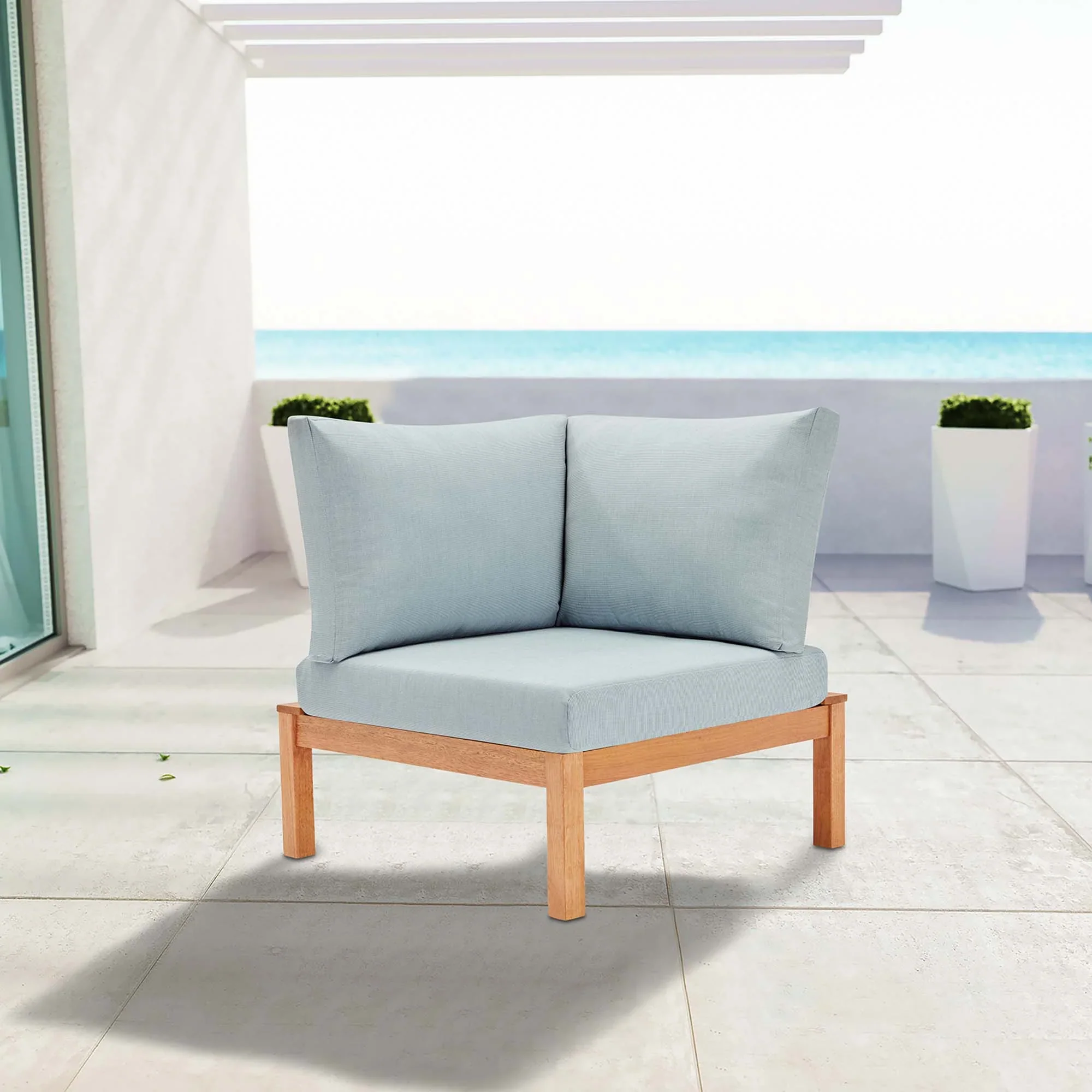 Freeport Karri Wood Sectional Sofa Outdoor Patio Corner Chair in Natural Light Blue - Image 2