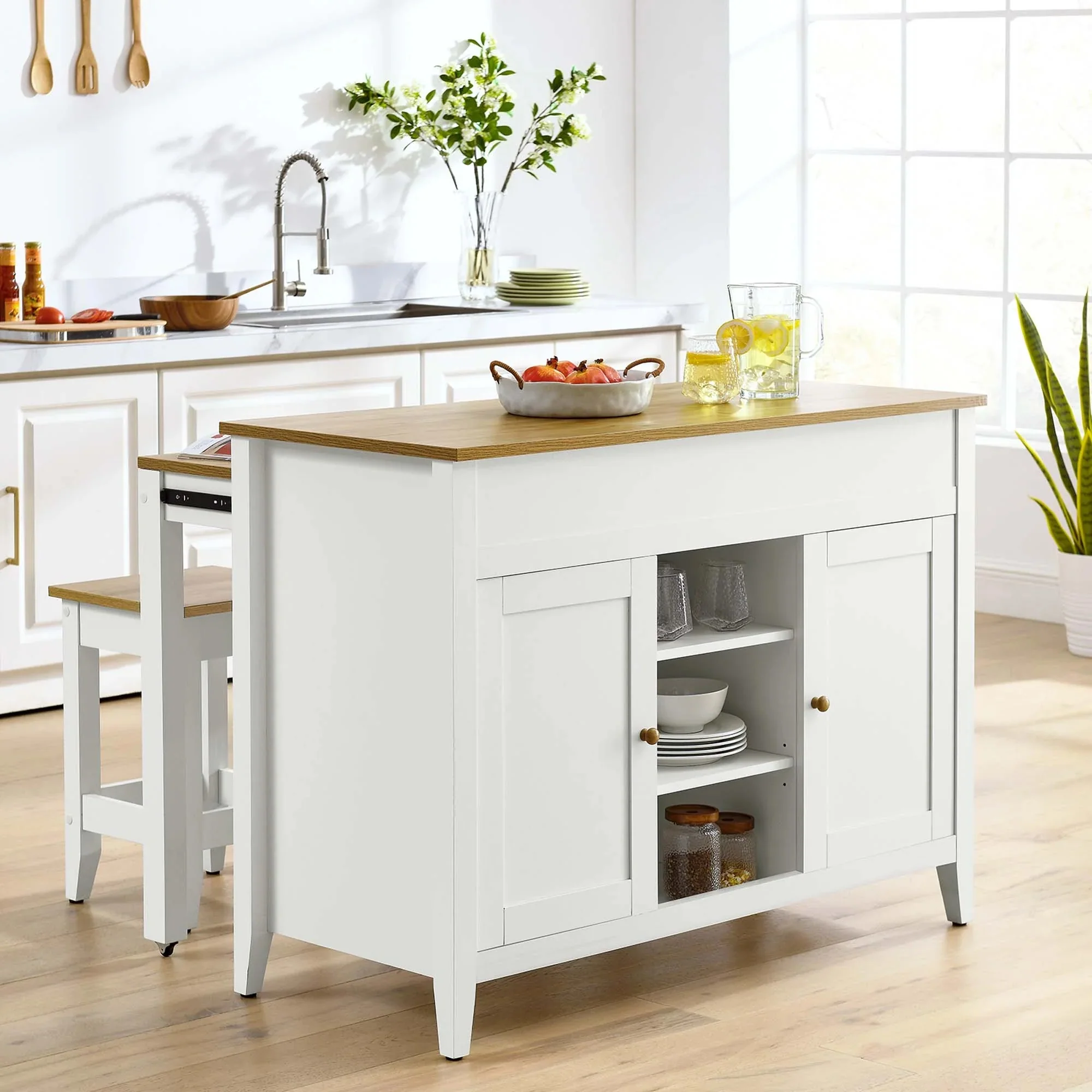 Garland 3-Piece Kitchen Island and Stool Set in Oak White - Image 2