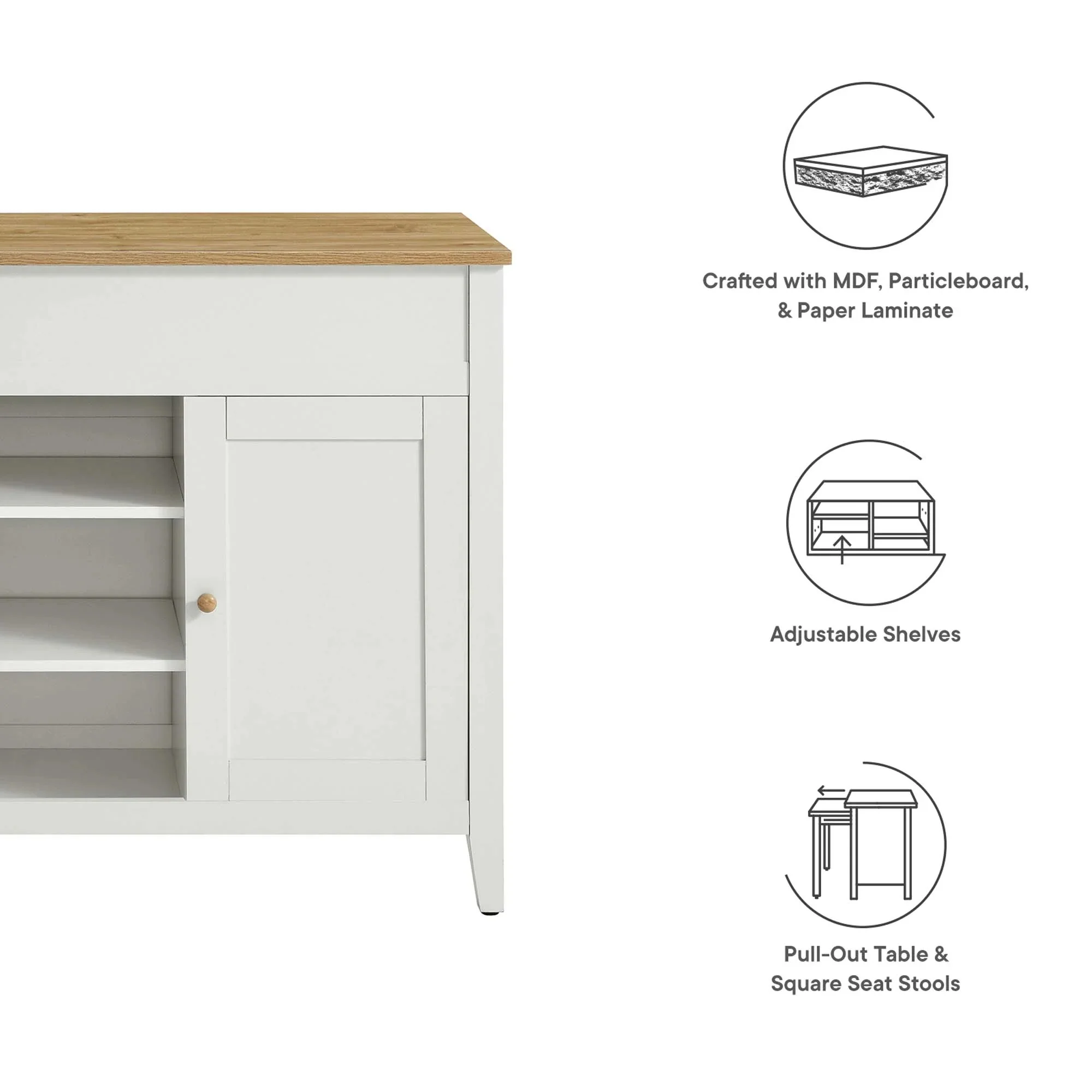 Garland 3-Piece Kitchen Island and Stool Set in Oak White - Image 9