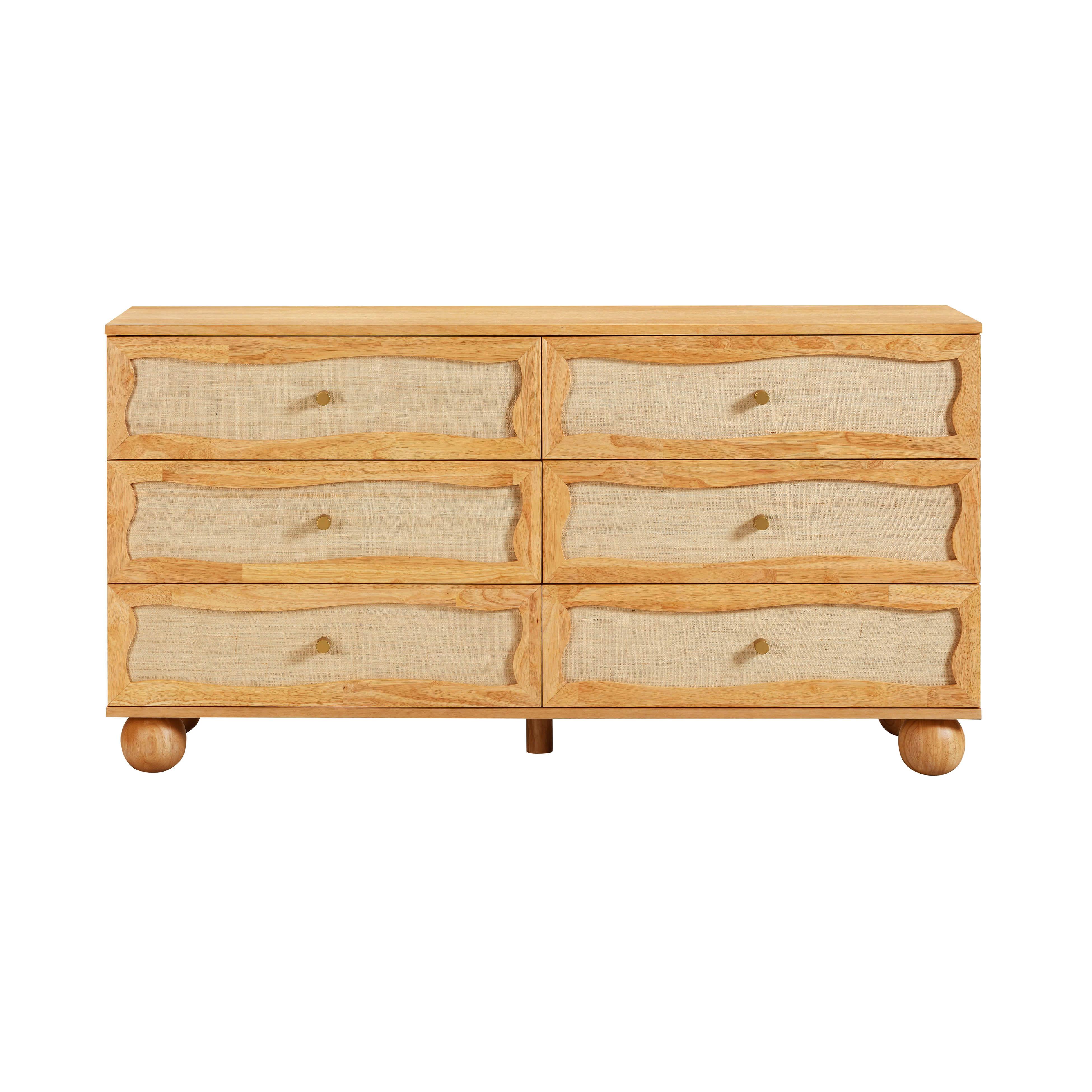 Grappa 62" Natural Wood & Raffia Wavy 6-Drawer Dresser - Image 3