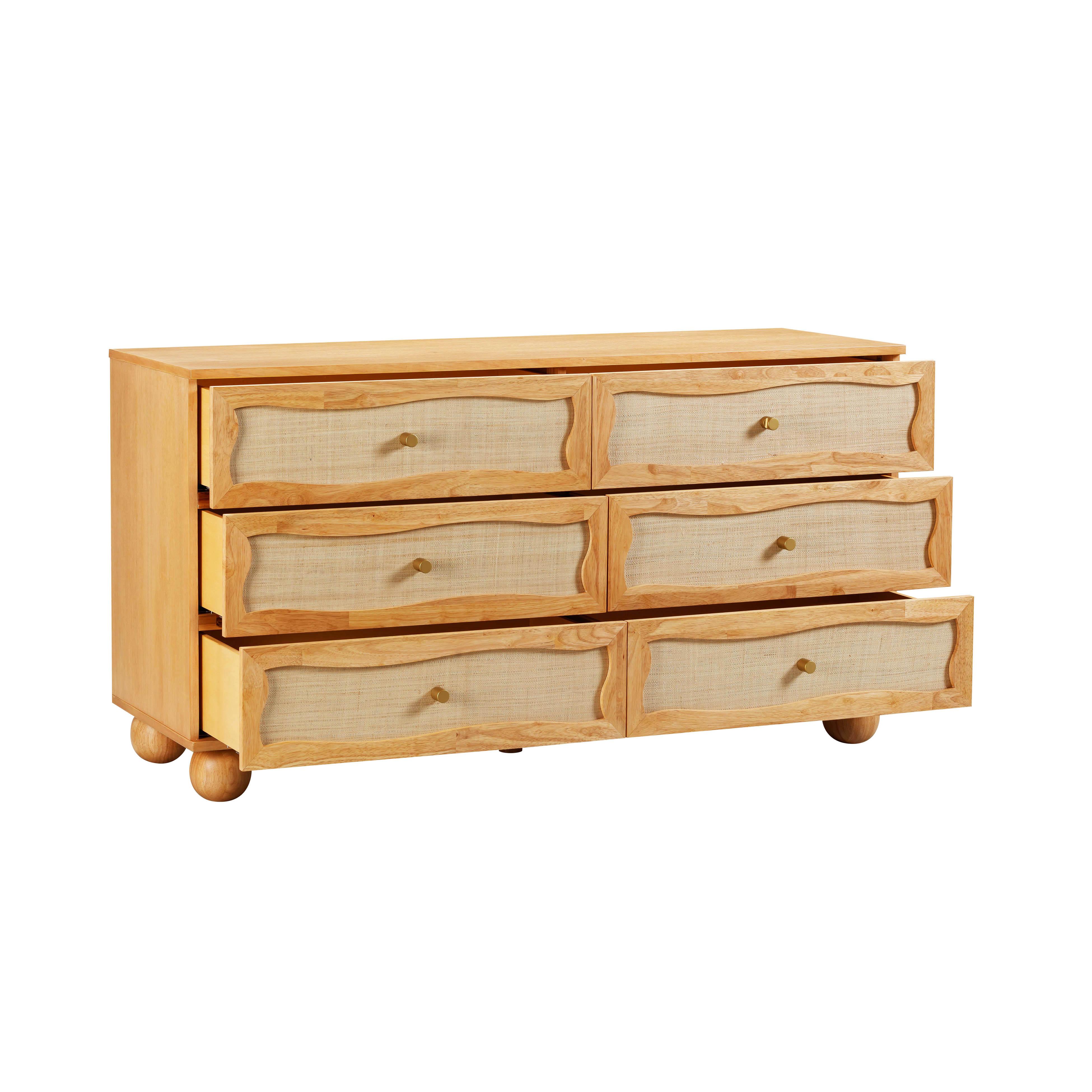 Grappa 62" Natural Wood & Raffia Wavy 6-Drawer Dresser - Image 7