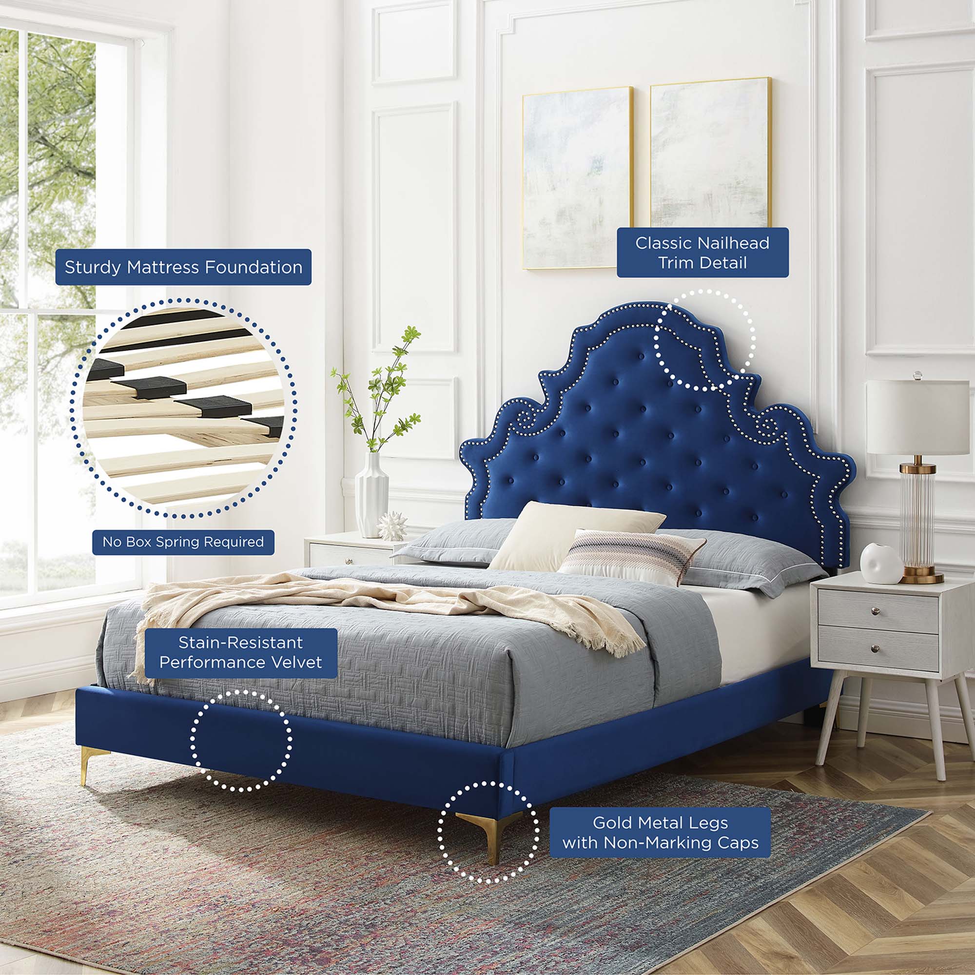 Gwyneth Tufted Performance Velvet Platform Bed With Gold Metal Legs - Image 18