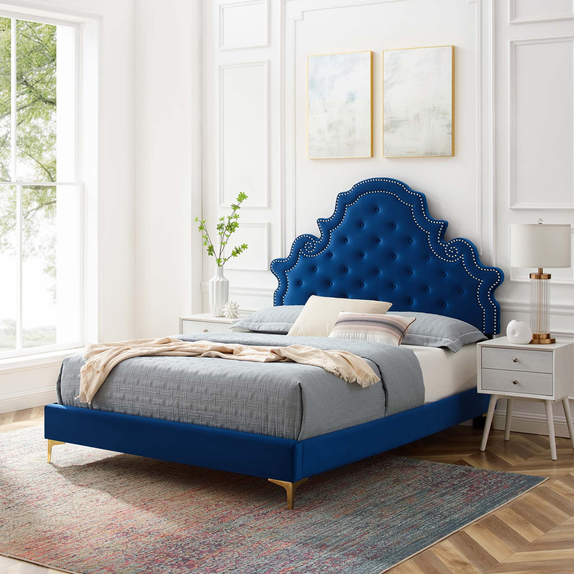 Gwyneth Tufted Performance Velvet Platform Bed With Gold Metal Legs - Image 19