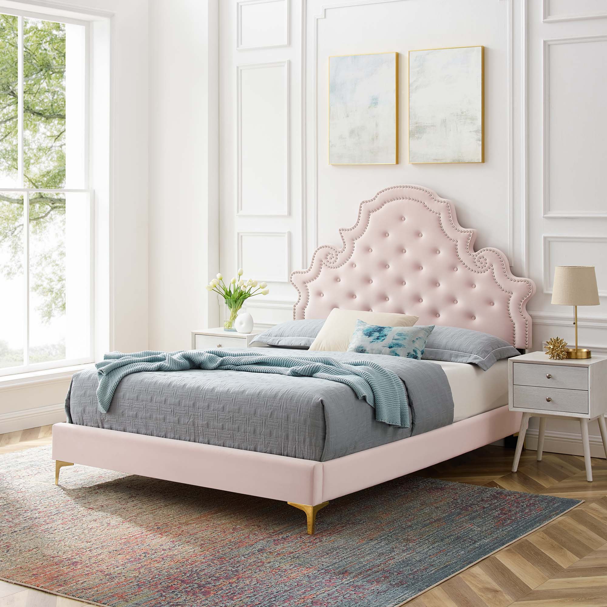 Gwyneth Tufted Performance Velvet Platform Bed With Gold Metal Legs - Image 31