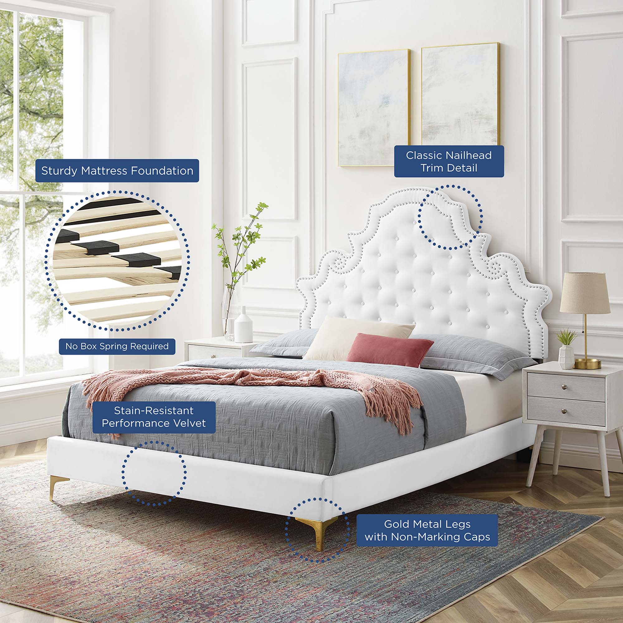 Gwyneth Tufted Performance Velvet Platform Bed With Gold Metal Legs - Image 8