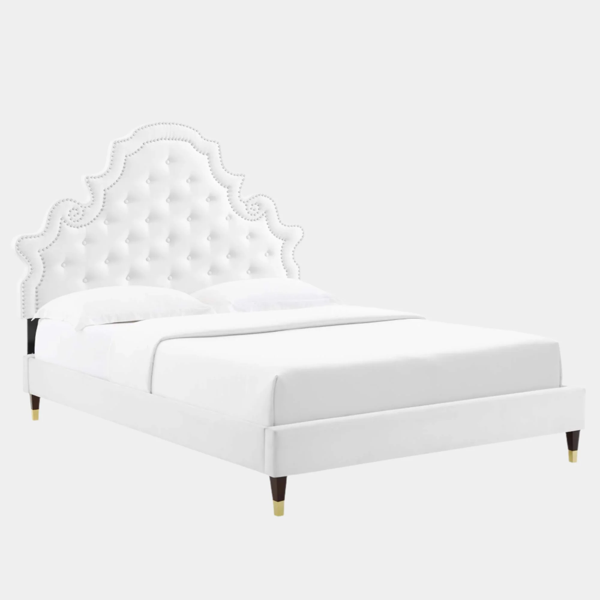 Gwyneth Tufted Performance Velvet Platform Bed With Wood and Gold Legs