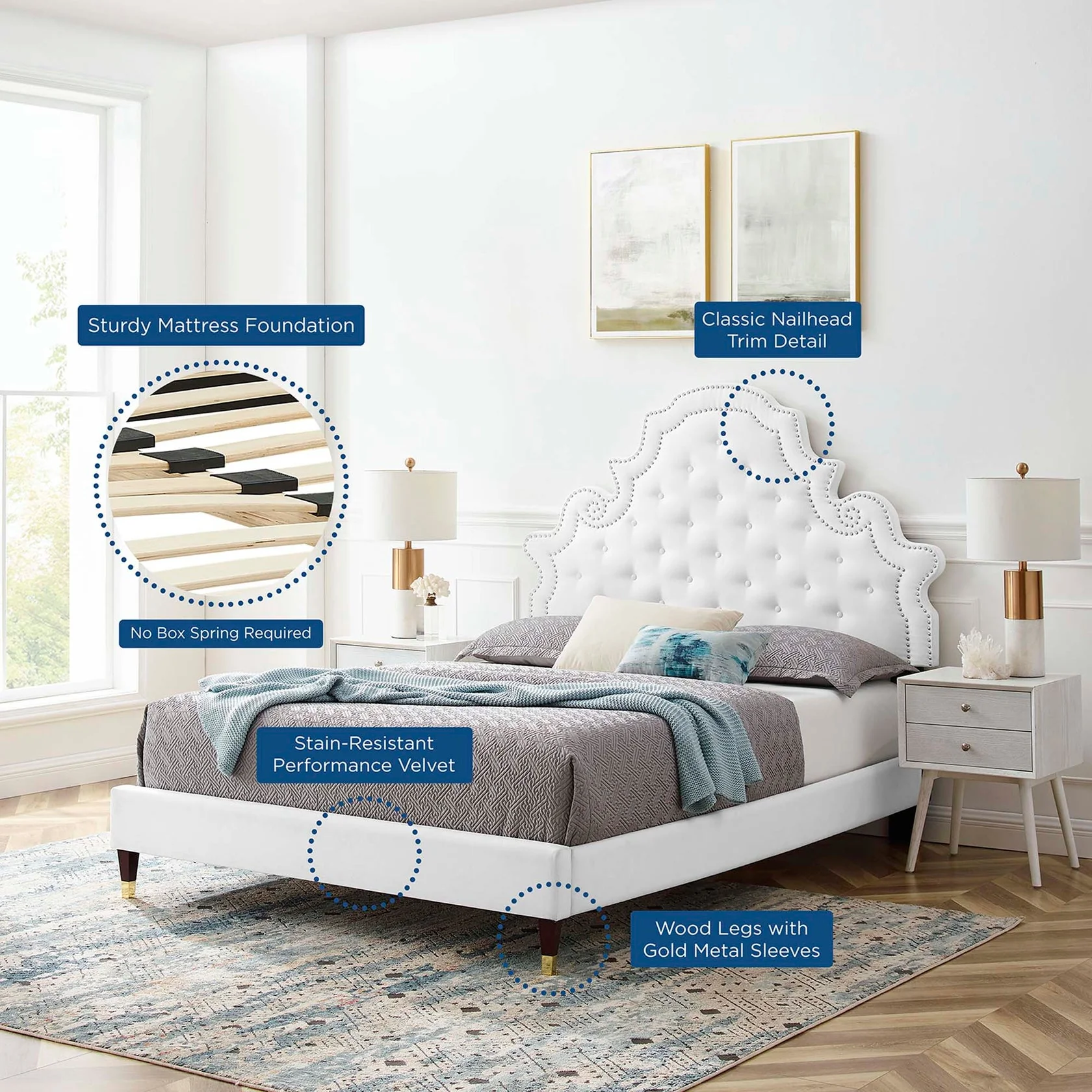Gwyneth Tufted Performance Velvet Platform Bed With Wood and Gold Legs - Image 8