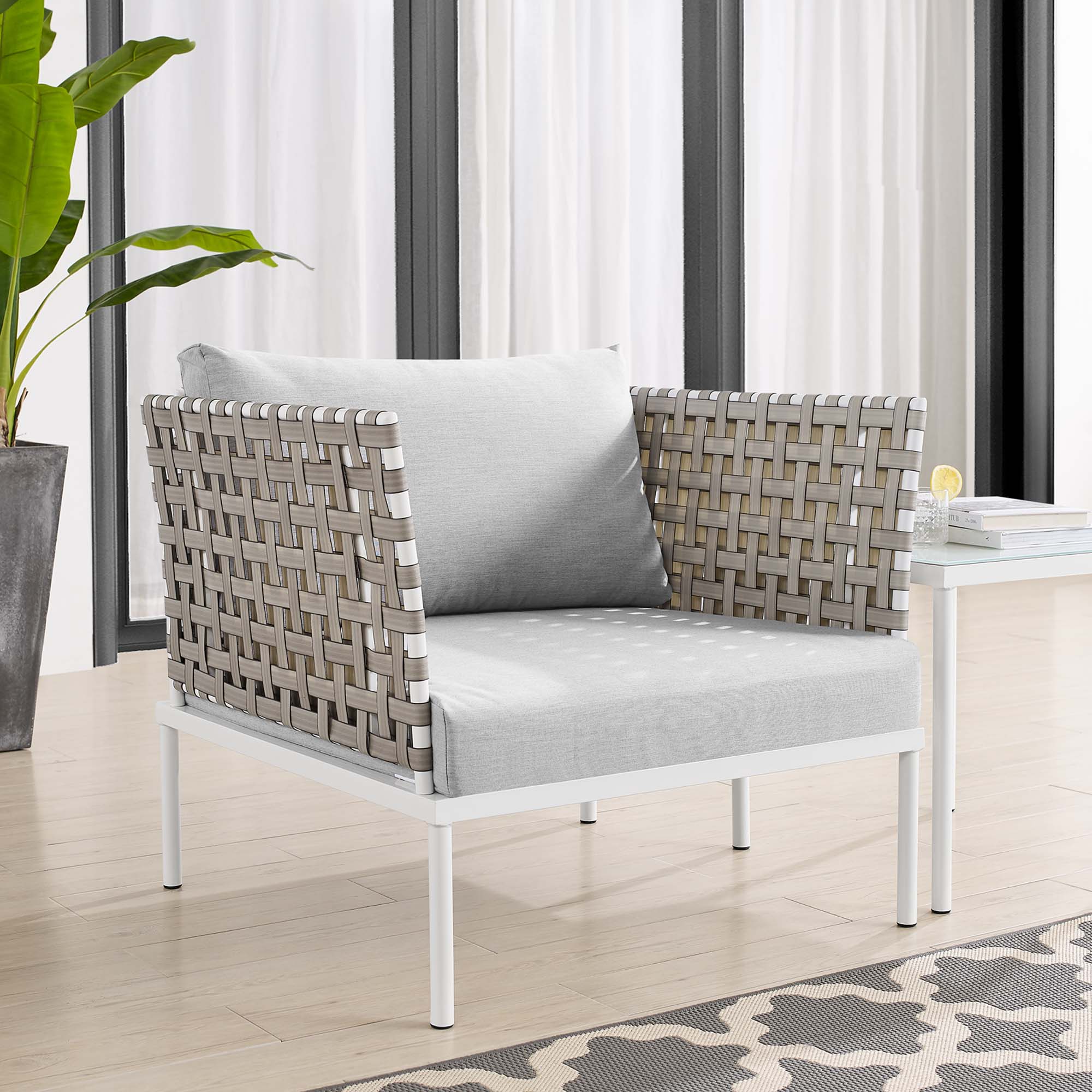 Harmony Sunbrella® Basket Weave Outdoor Patio Aluminum Armchair in Tan Gray - Image 2