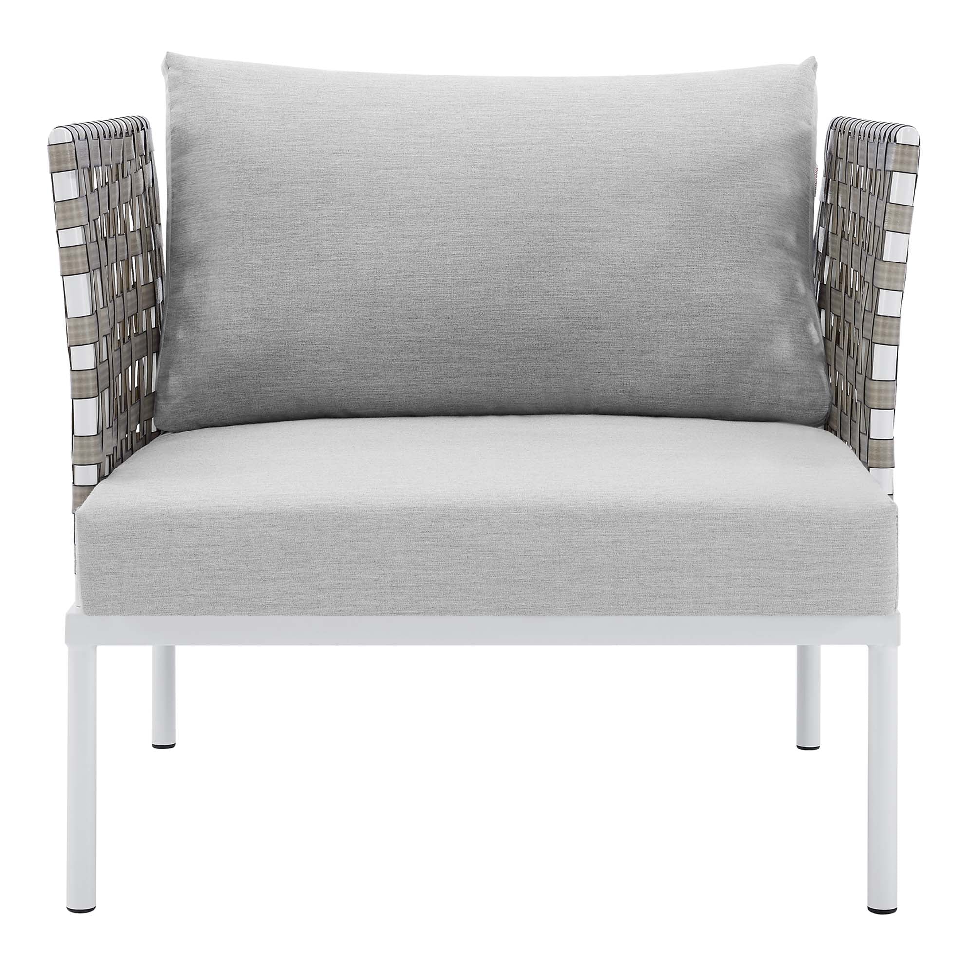 Harmony Sunbrella® Basket Weave Outdoor Patio Aluminum Armchair in Tan Gray - Image 6