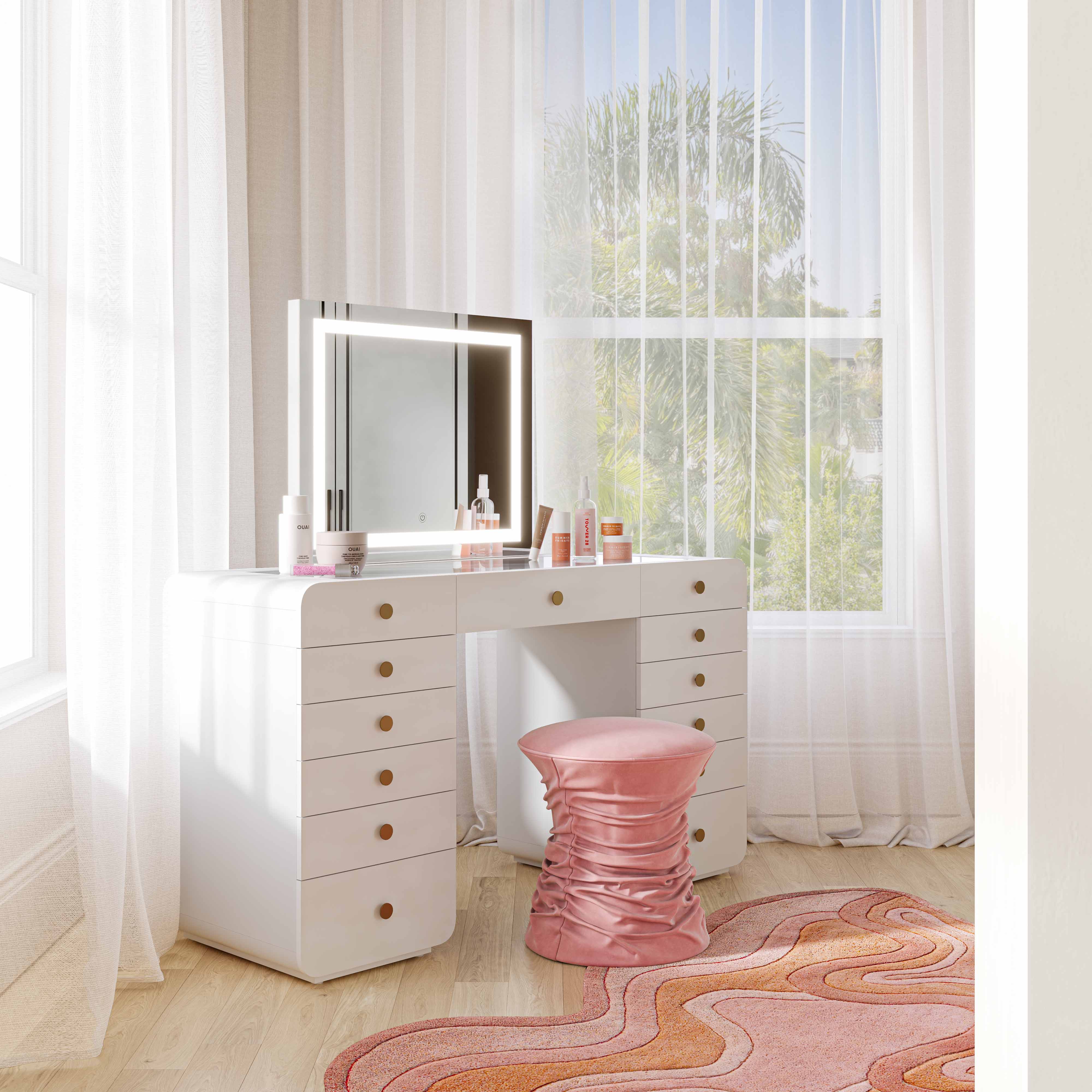 Hollywood 56" White Desk with LED Panel Vanity Mirror - Image 2