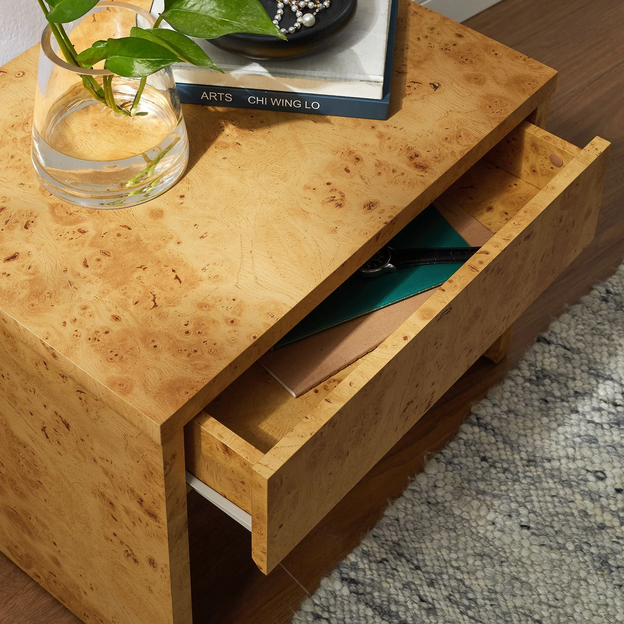 Hudson 1-Drawer Burl Wood Nightstand - Image 3