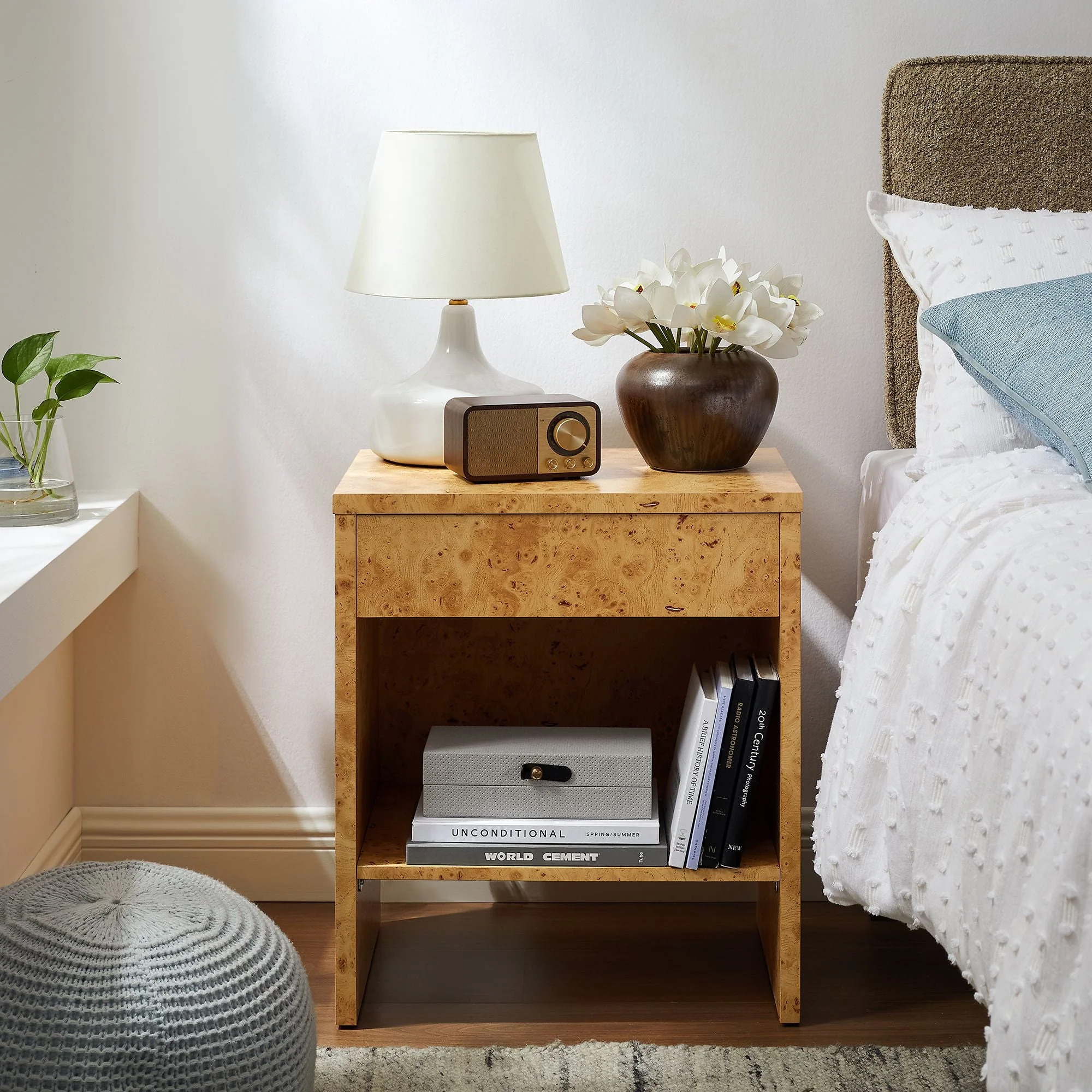 Hudson 1-Drawer Burl Wood Nightstand With Shelf - Image 2