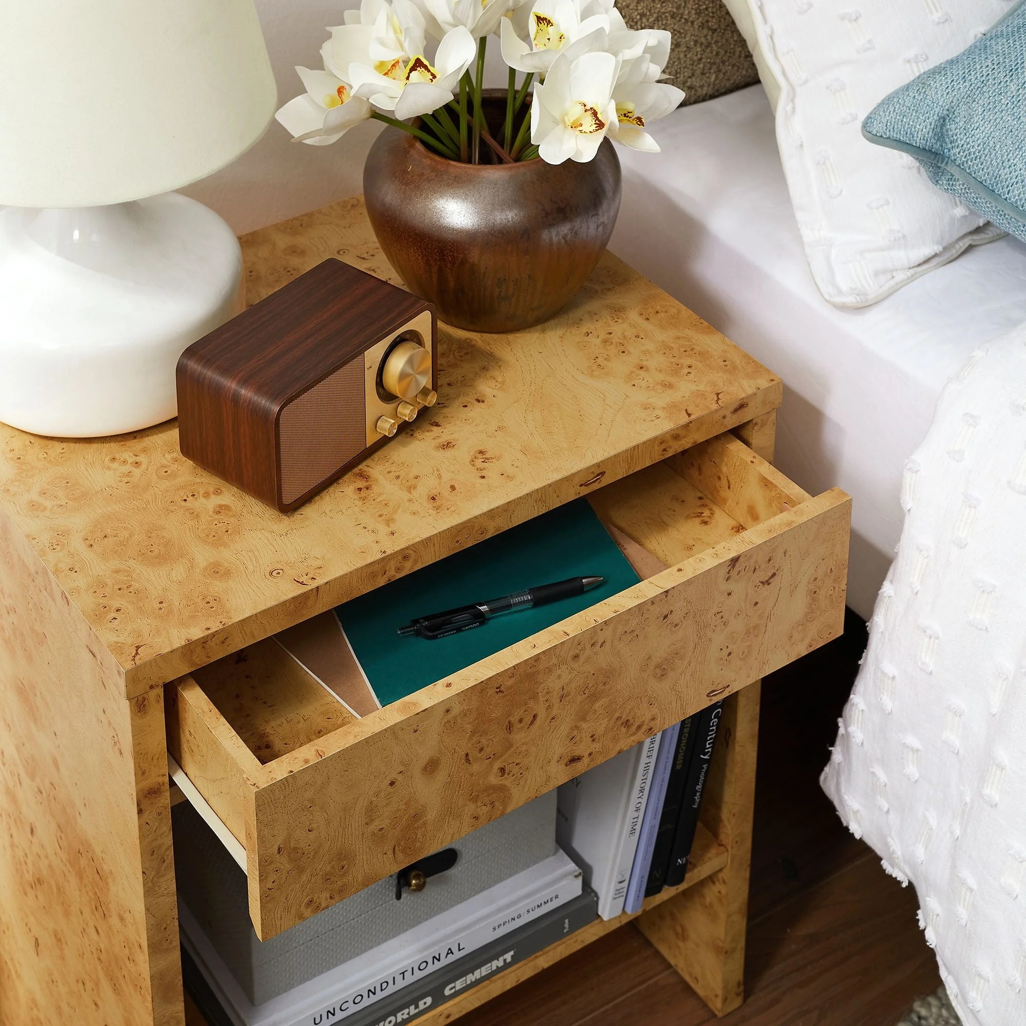 Hudson 1-Drawer Burl Wood Nightstand With Shelf - Image 3