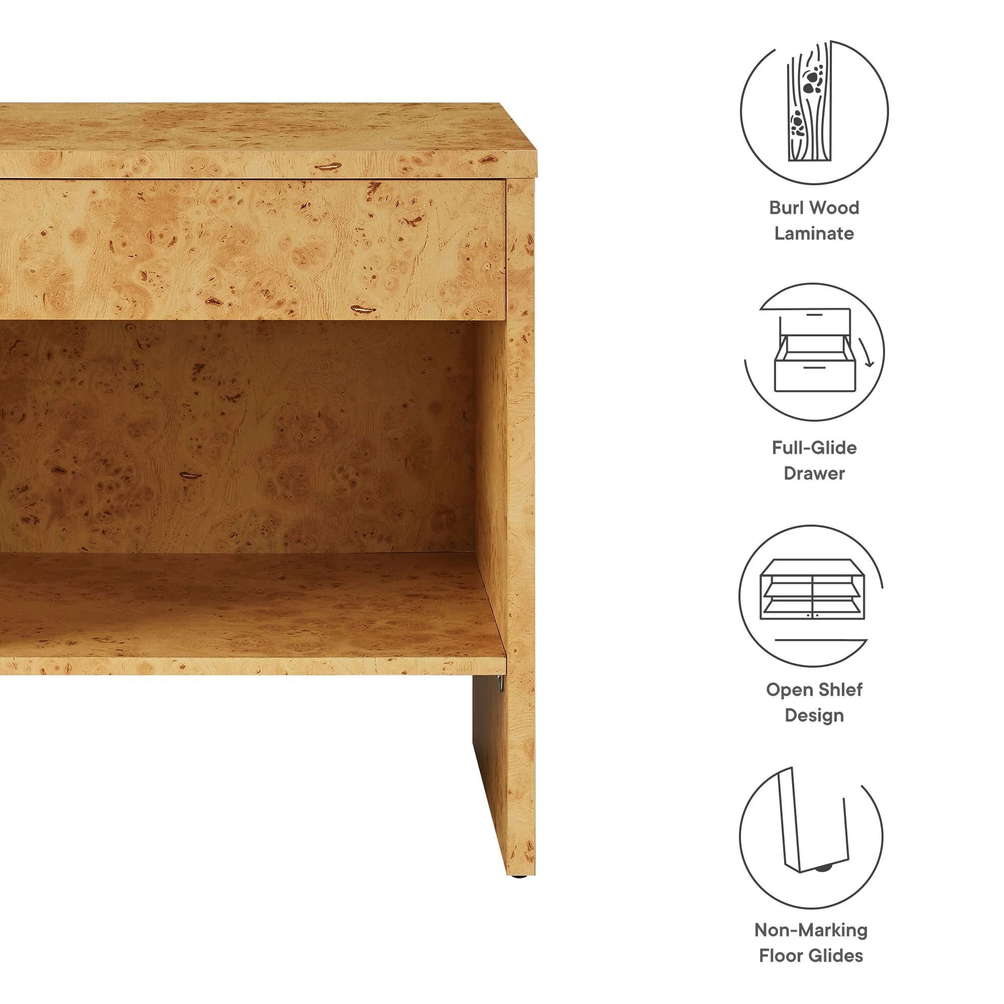 Hudson 1-Drawer Burl Wood Nightstand With Shelf - Image 9