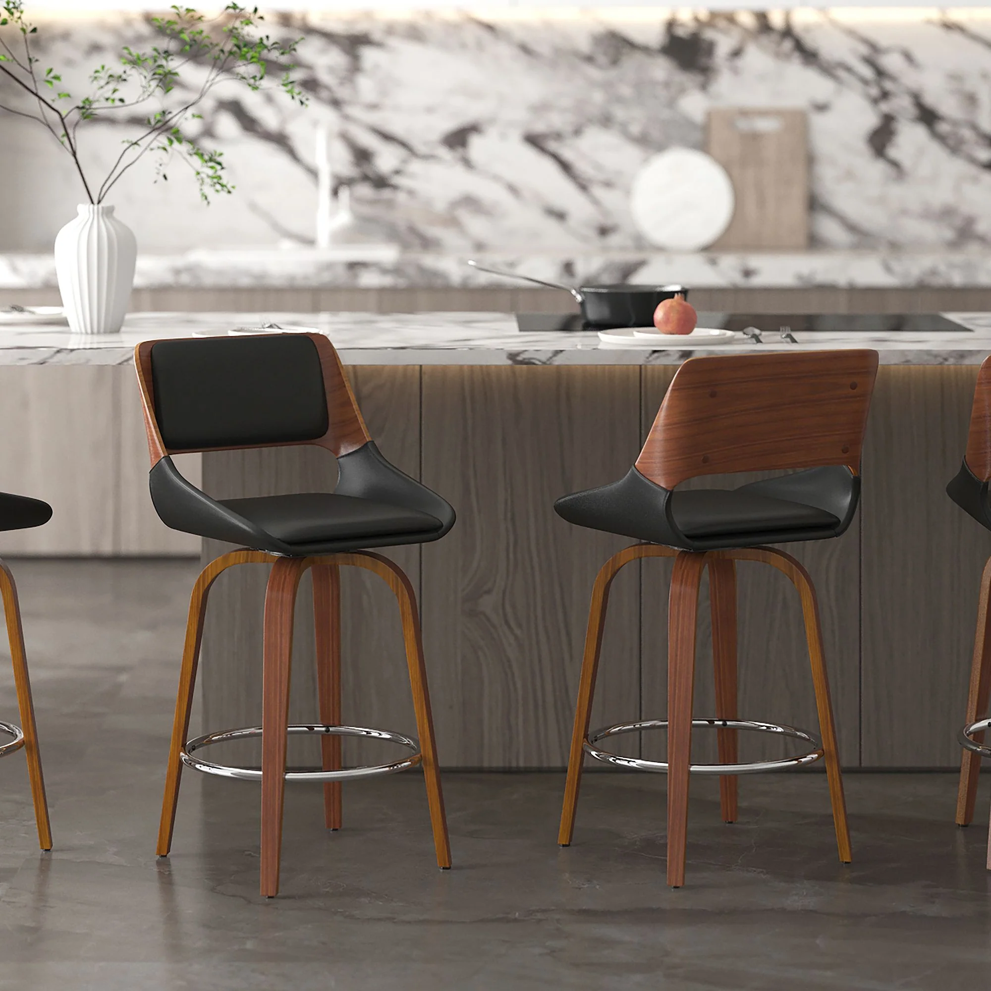 Hudson 26" Counter Stool with Swivel in Black Faux Leather and Walnut - Image 2