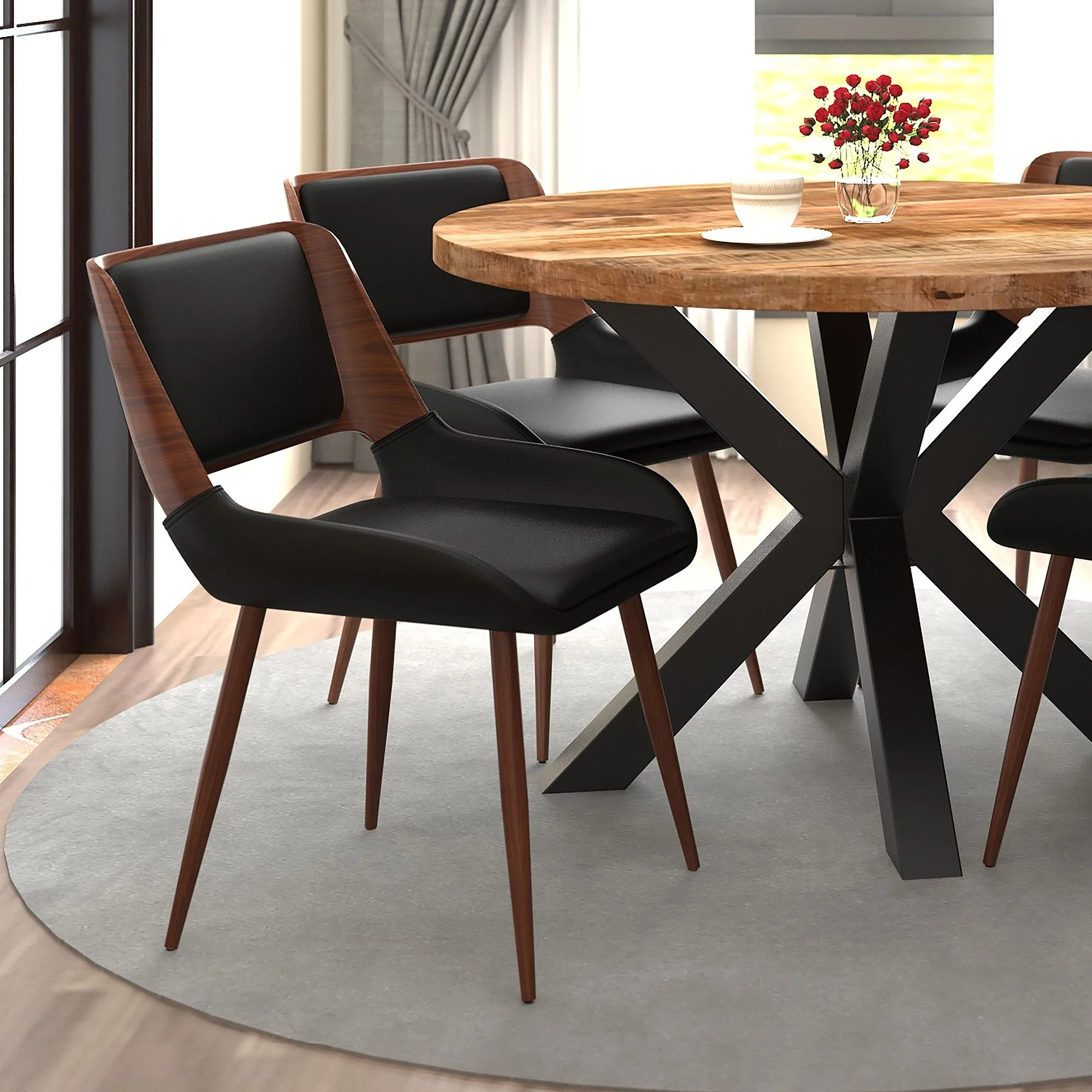 Hudson Dining Chair in Black Faux Leather, Metal and Walnut Metal and Wood - Image 2