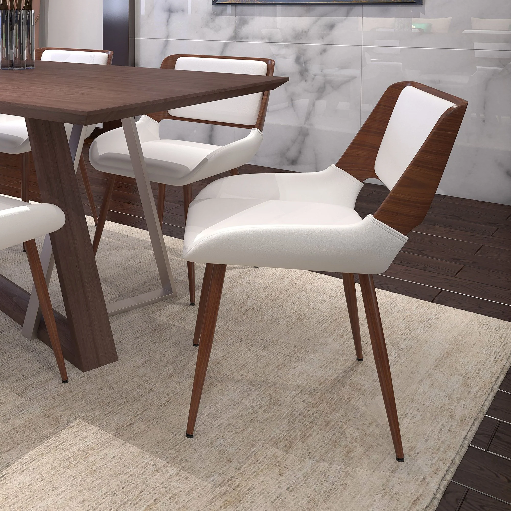 Hudson Dining Chair in White Faux Leather and Walnut Metal and Wood - Image 2
