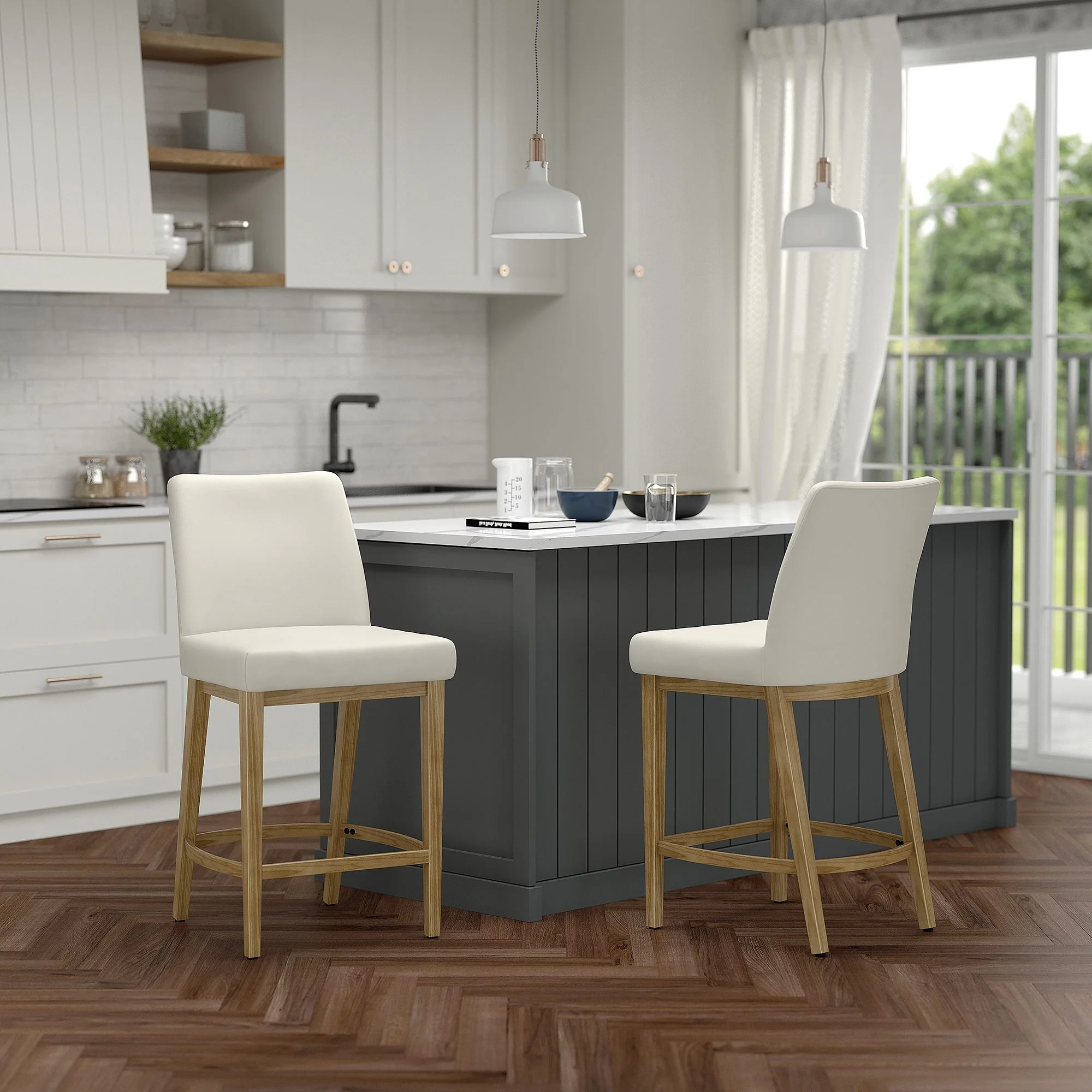 Jace 26" Counter Stool, set of 2, in Beige Fabric and Natural - Image 2
