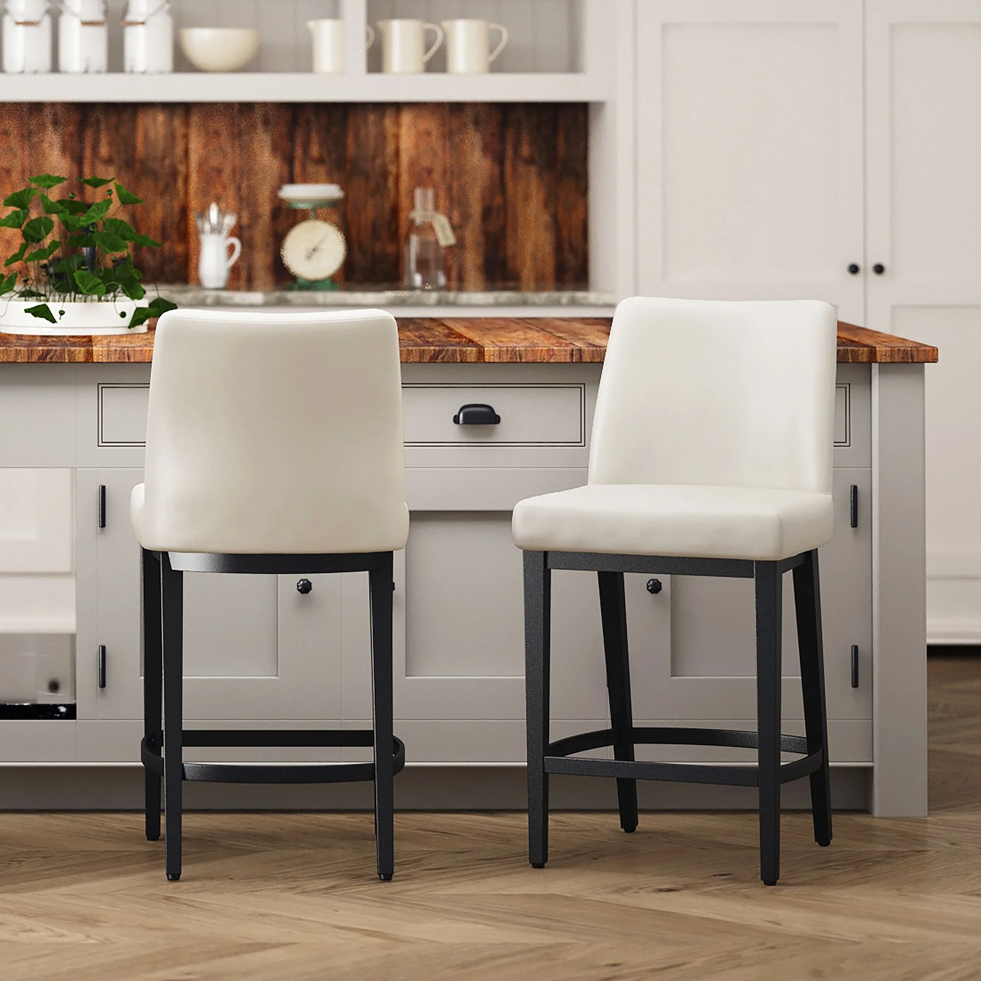 Jace 26" Counter Stool, set of 2, in Beige Faux Leather and Black - Image 2