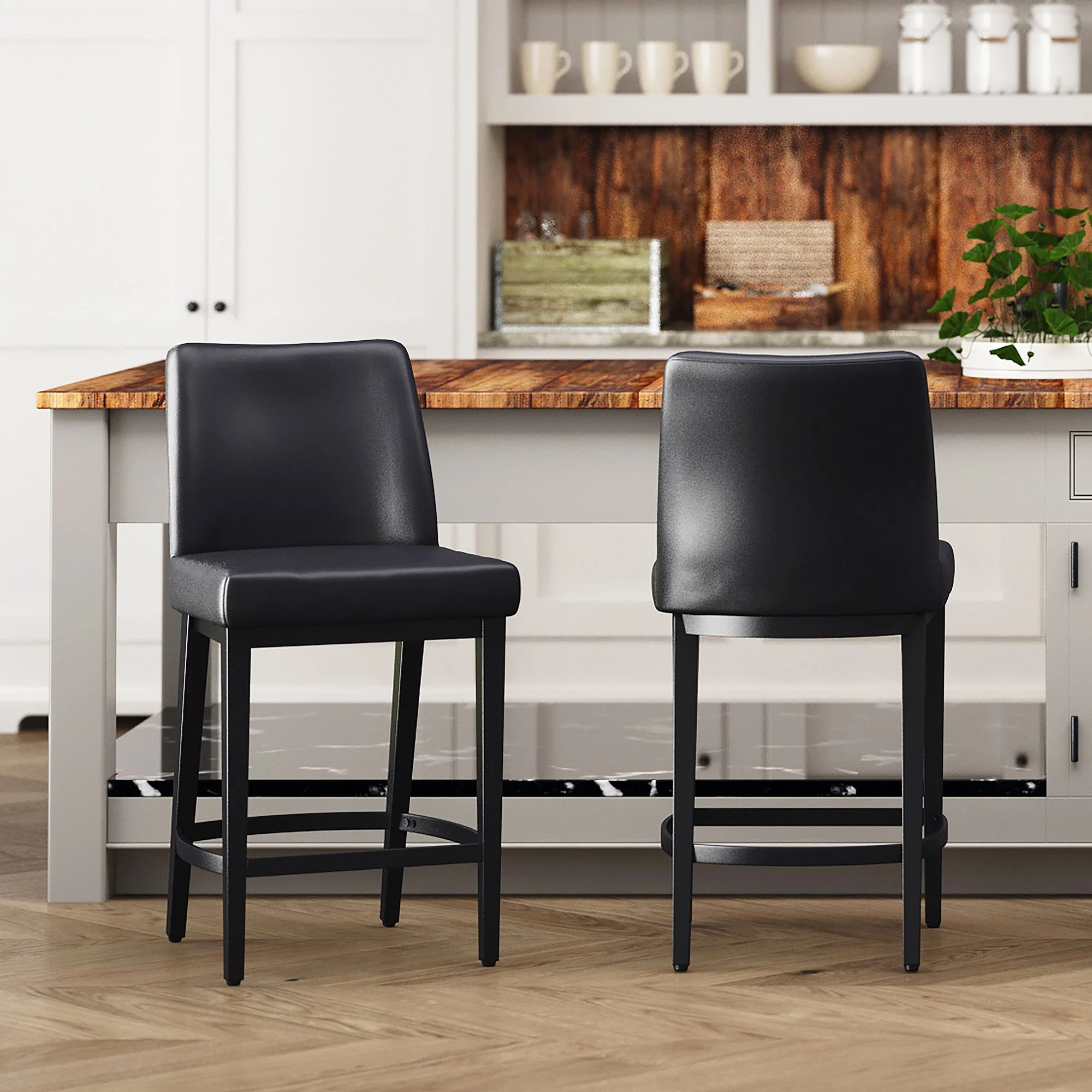 Jace 26" Counter Stool, set of 2, in Black Faux Leather and Black - Image 2