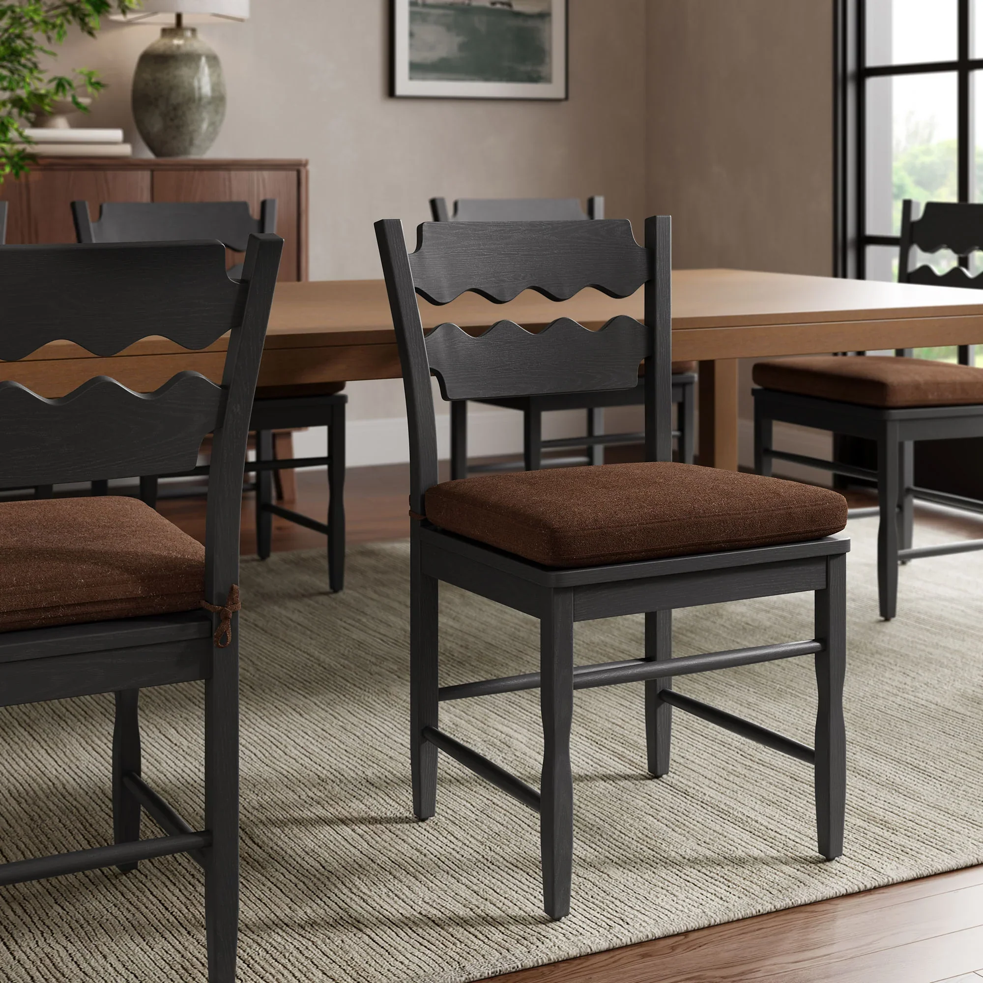Jax Oak Wood Dining Chair With Wavy Razor Back and Cushion - Image 12