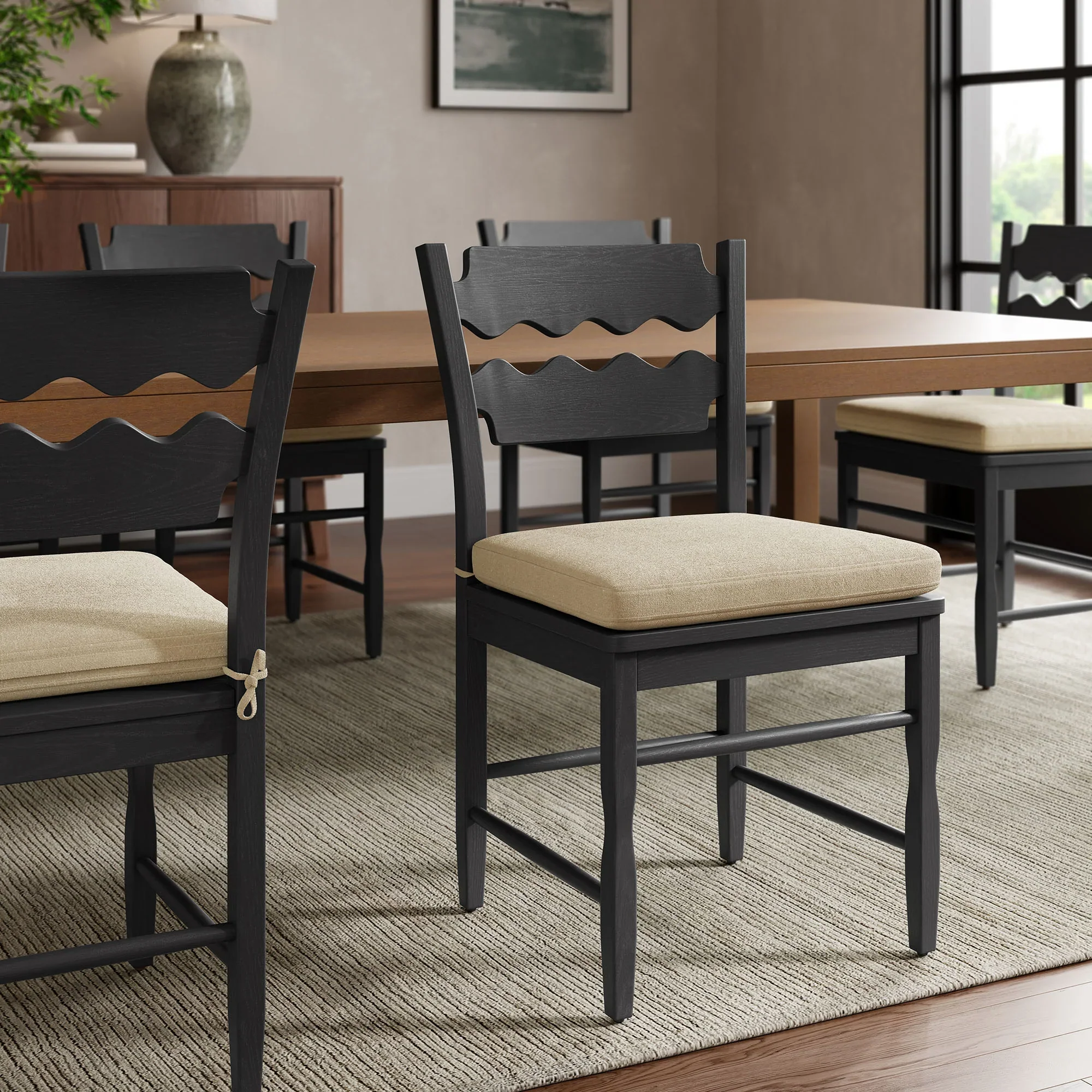 Jax Oak Wood Dining Chair With Wavy Razor Back and Cushion - Image 2