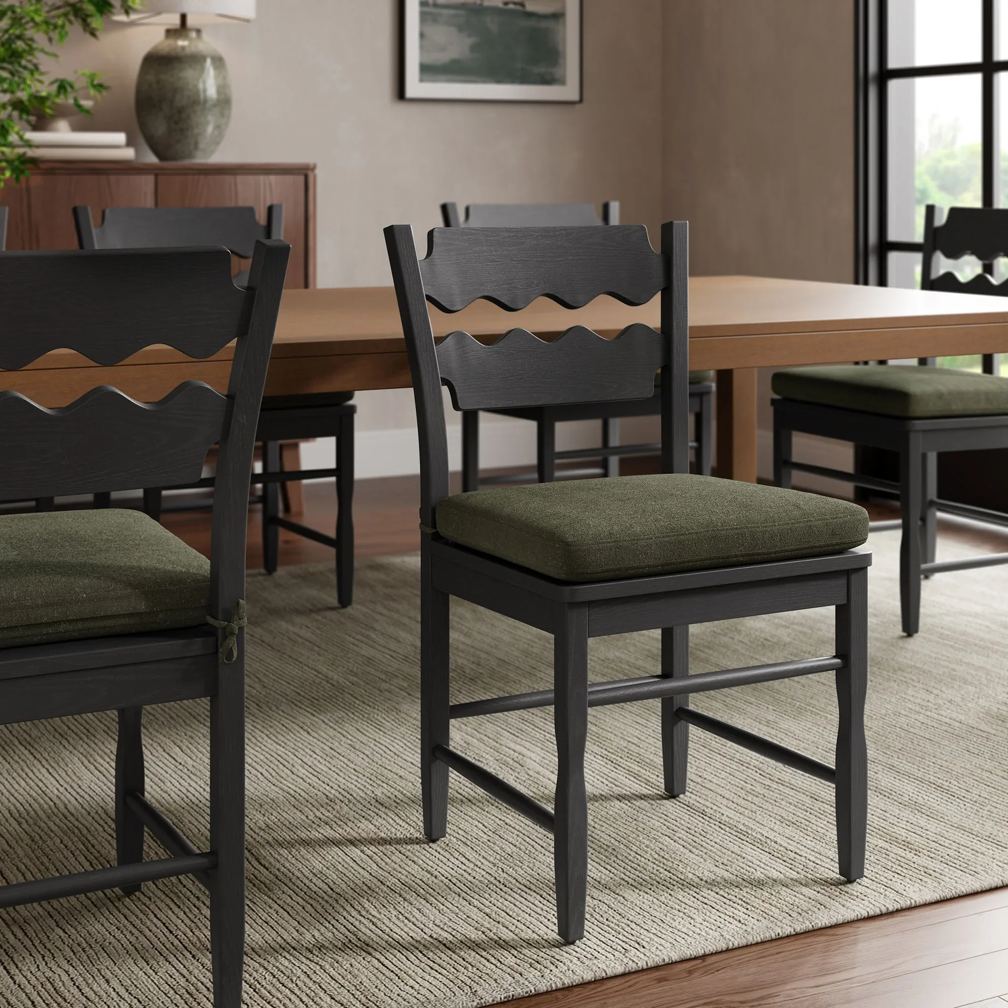 Jax Oak Wood Dining Chair With Wavy Razor Back and Cushion - Image 22