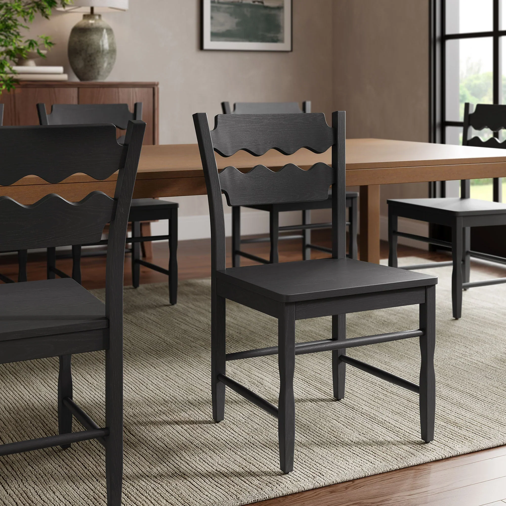 Jax Oak Wood Dining Chair With Wavy Razor Back in Black - Image 2
