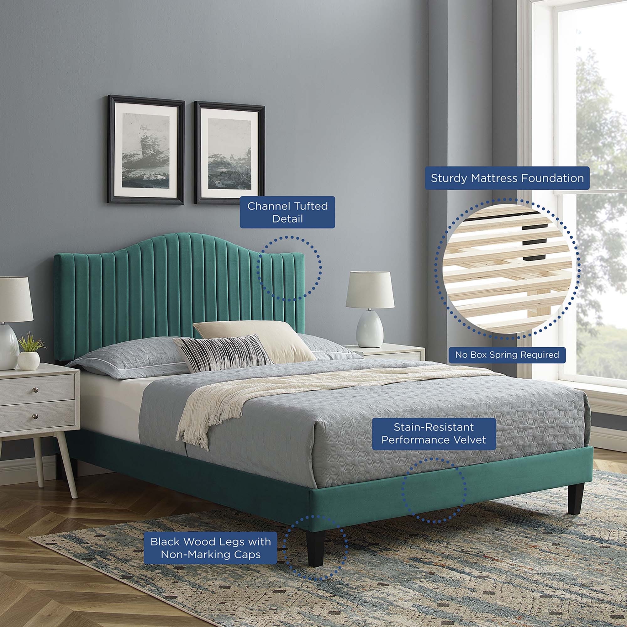 Juniper Channel Tufted Performance Velvet Platform Bed With Black Wood Legs - Image 29