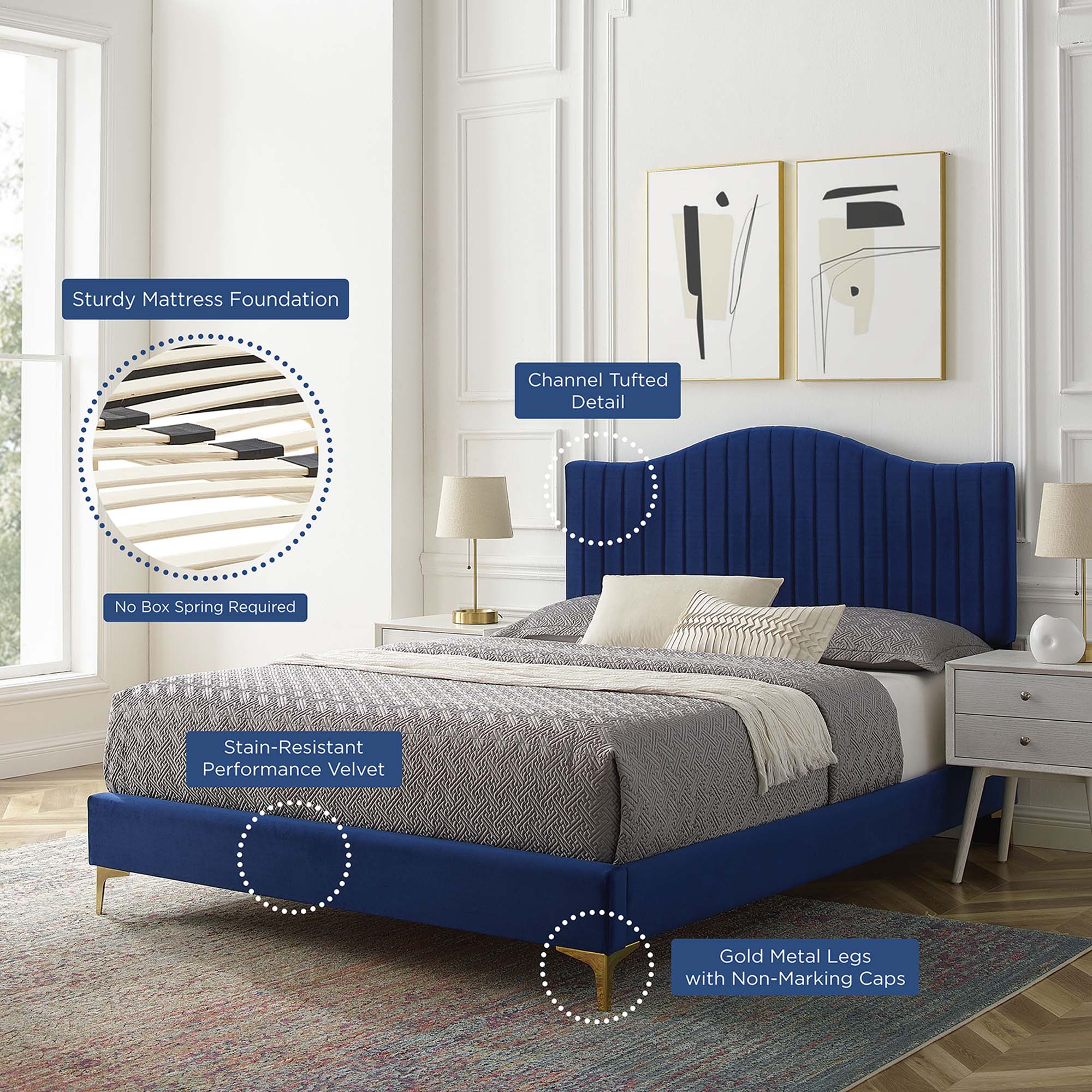 Juniper Channel Tufted Performance Velvet Platform Bed With Gold Metal Legs - Image 23