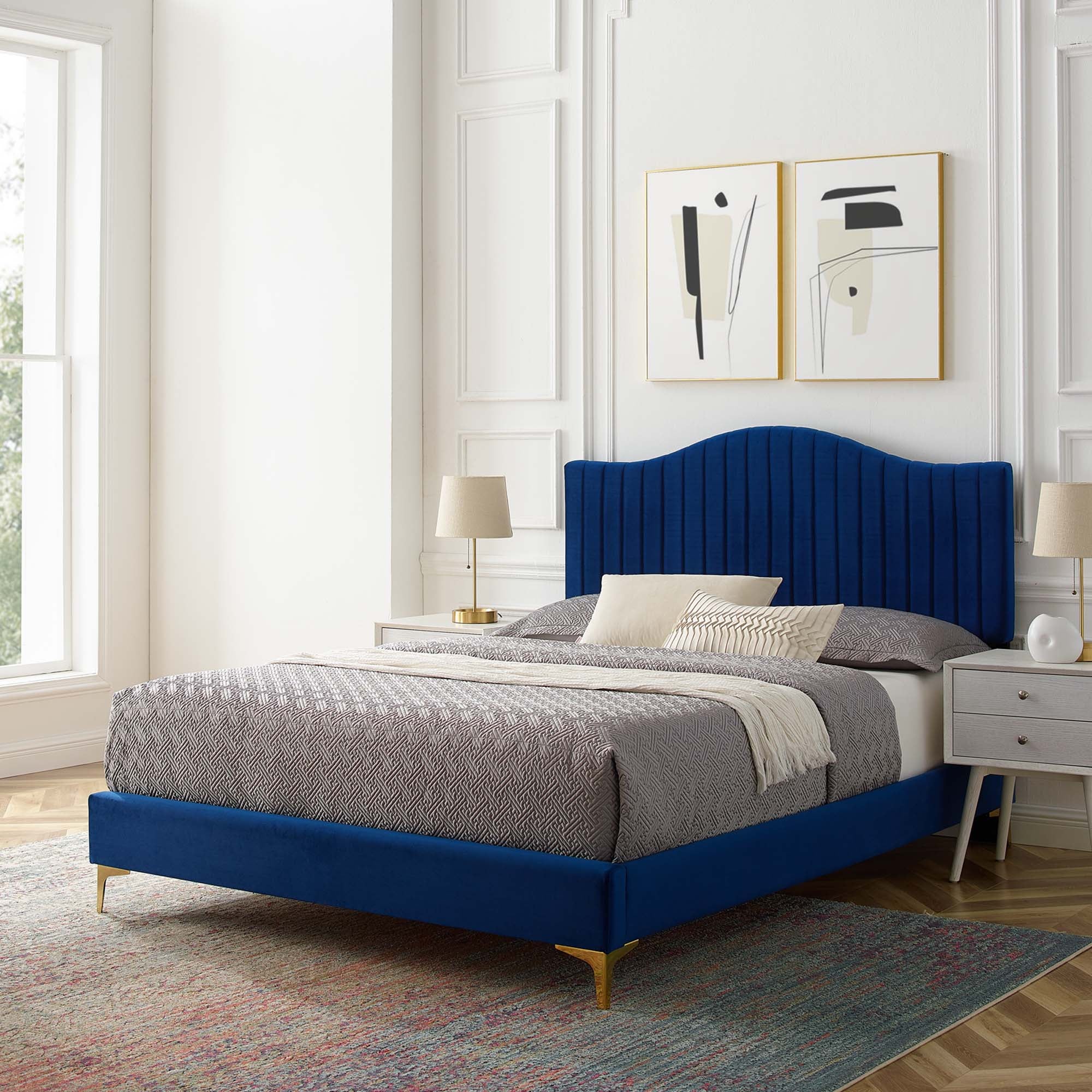 Juniper Channel Tufted Performance Velvet Platform Bed With Gold Metal Legs - Image 24