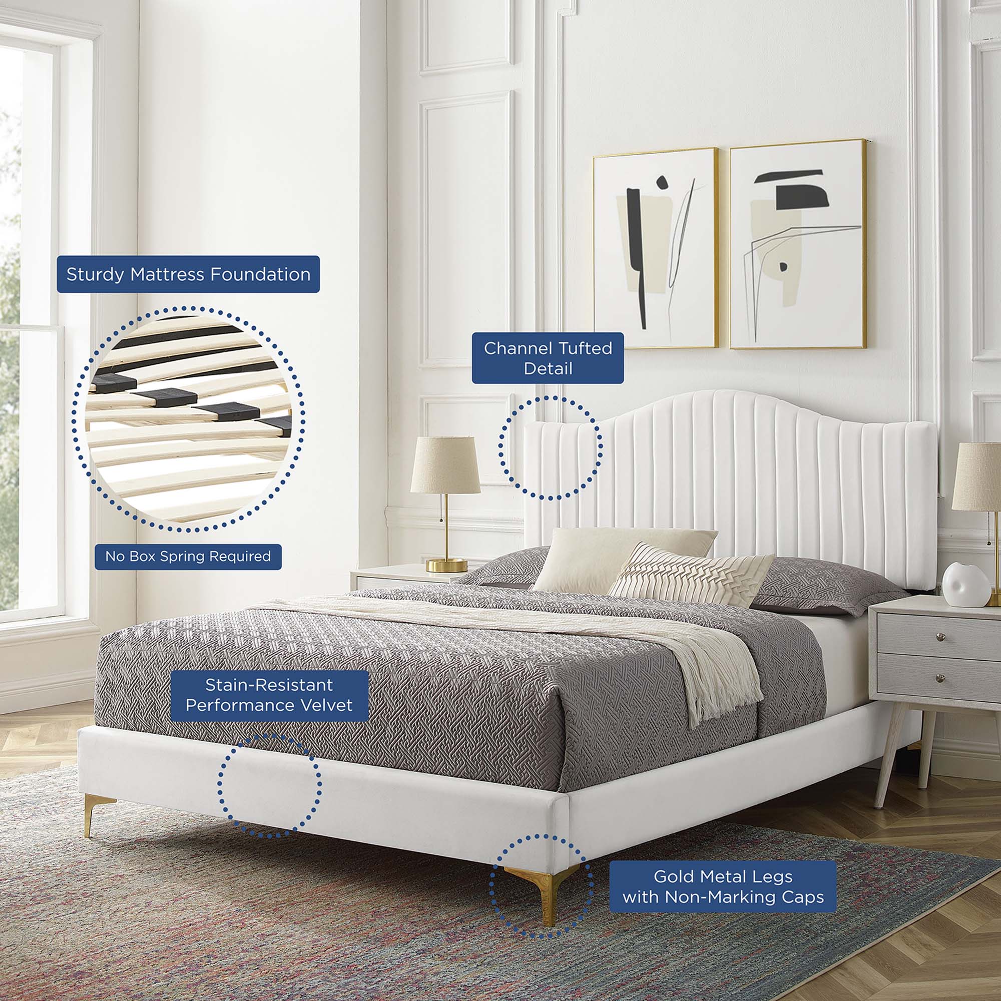 Juniper Channel Tufted Performance Velvet Platform Bed With Gold Metal Legs - Image 35