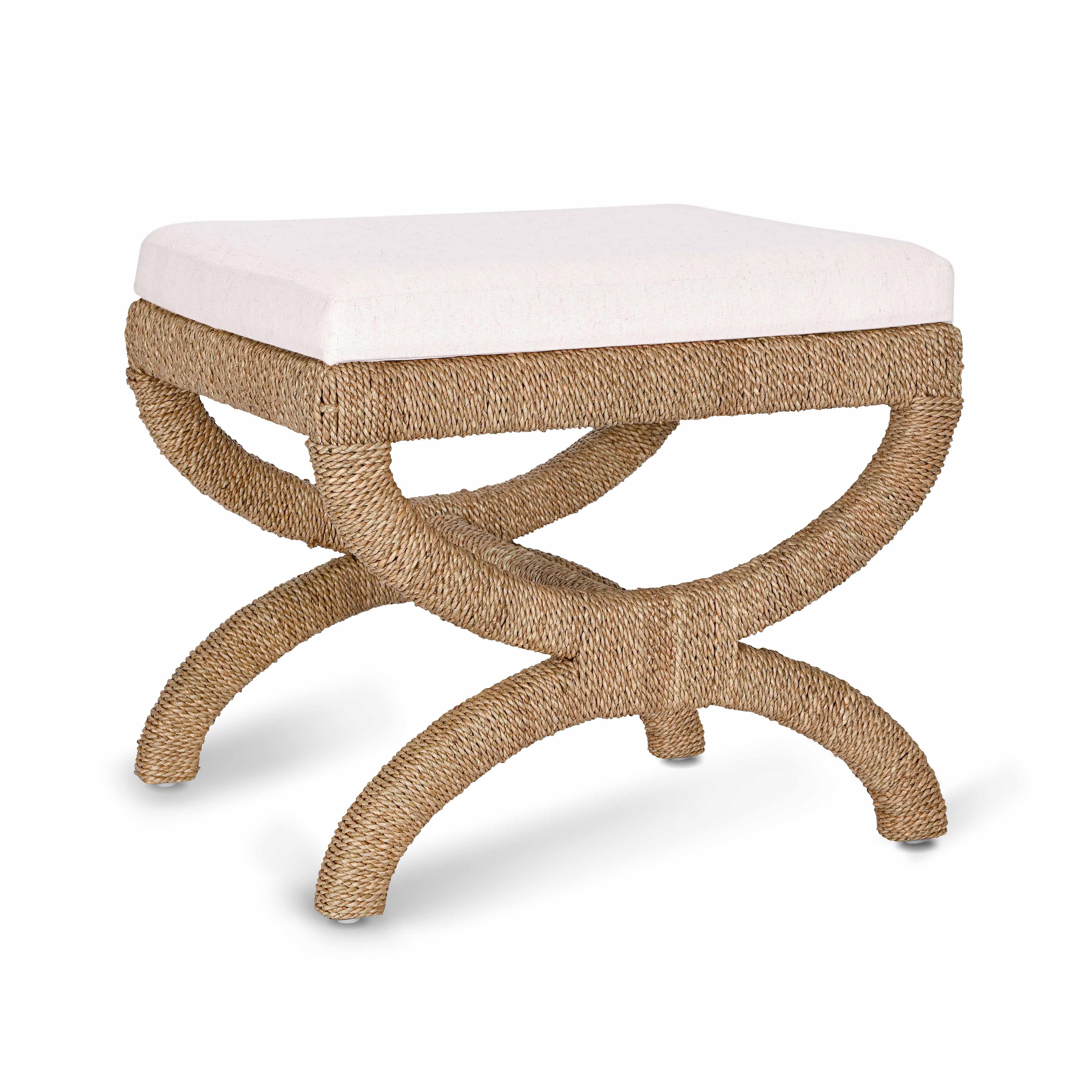Kappa Cream Contract-Grade Fabric and Natural Seagrass Accent Stool - Image 3