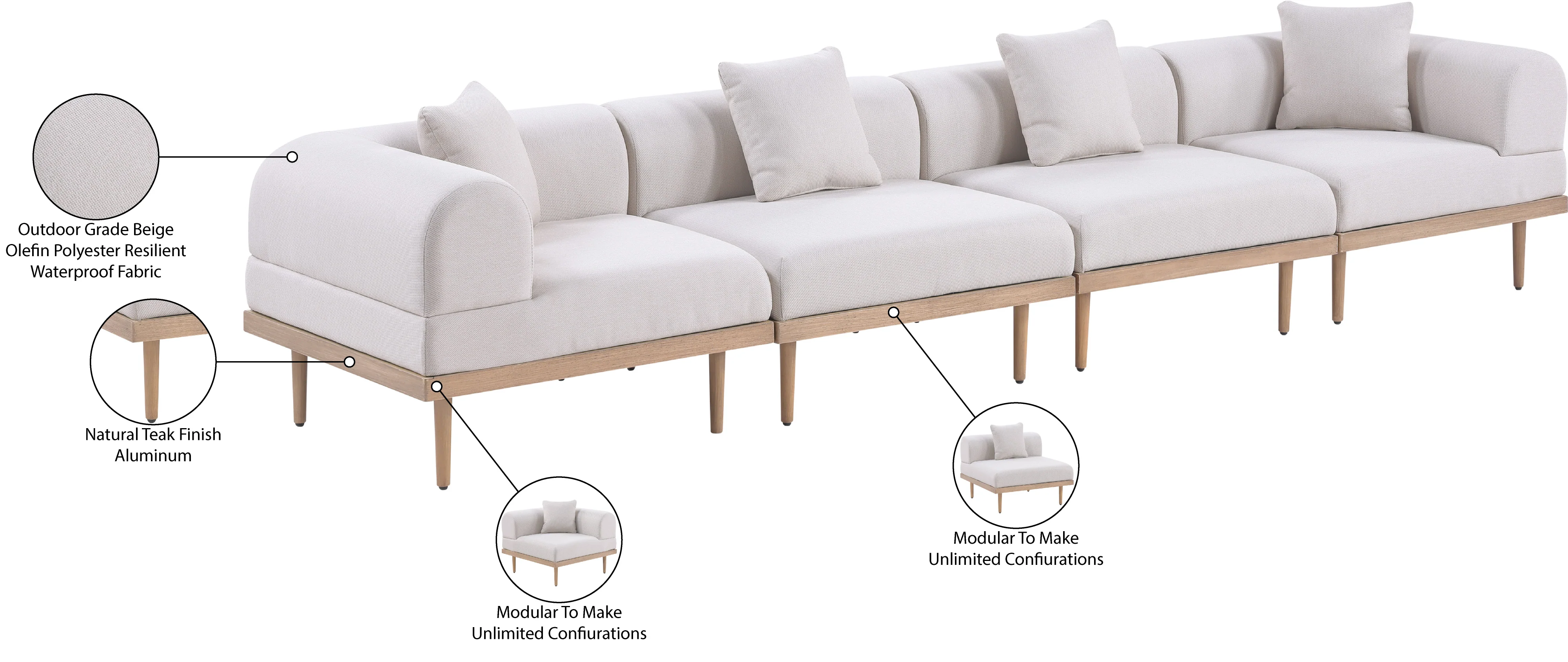 Laguna Resilient Water Resistant Fabric Upholstered Outdoor Patio 4pc. Modular Sofa - Image 12