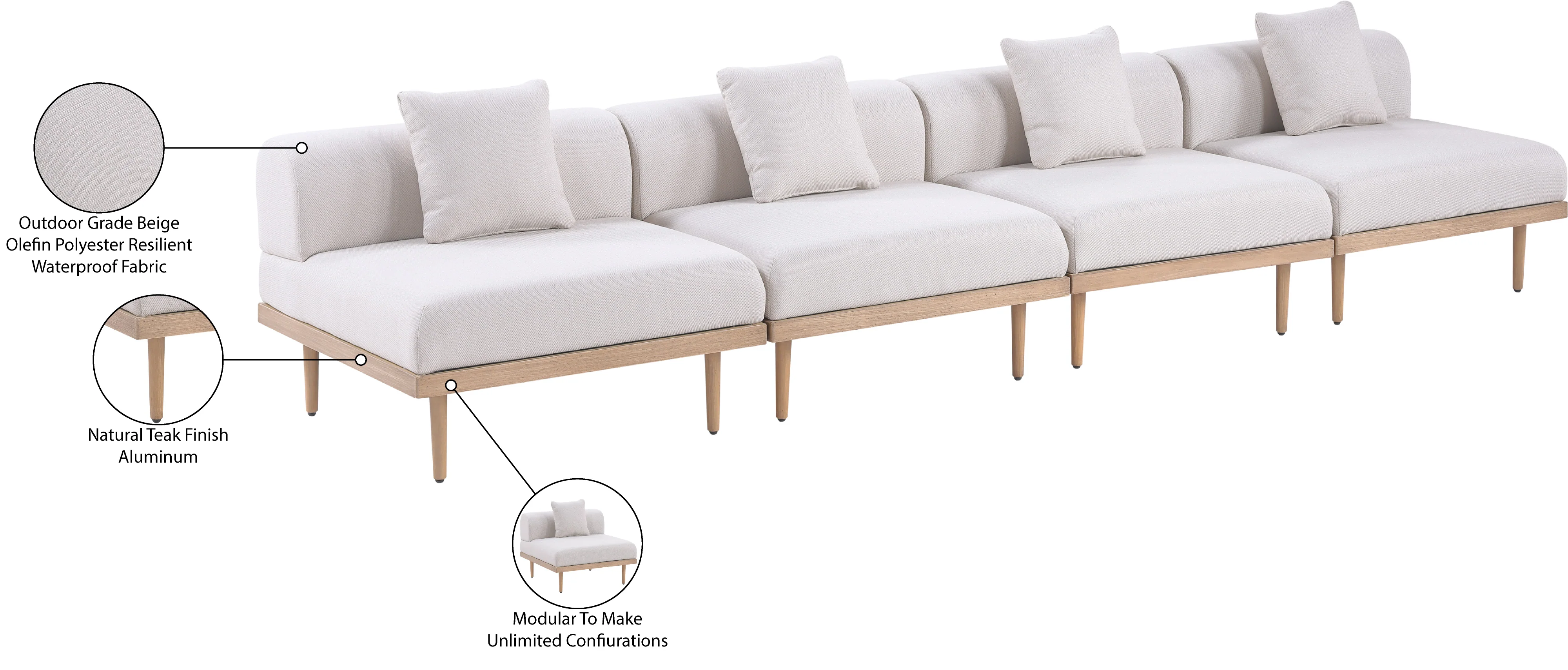 Laguna Resilient Water Resistant Fabric Upholstered Outdoor Patio 4pc. Modular Sofa - Image 12