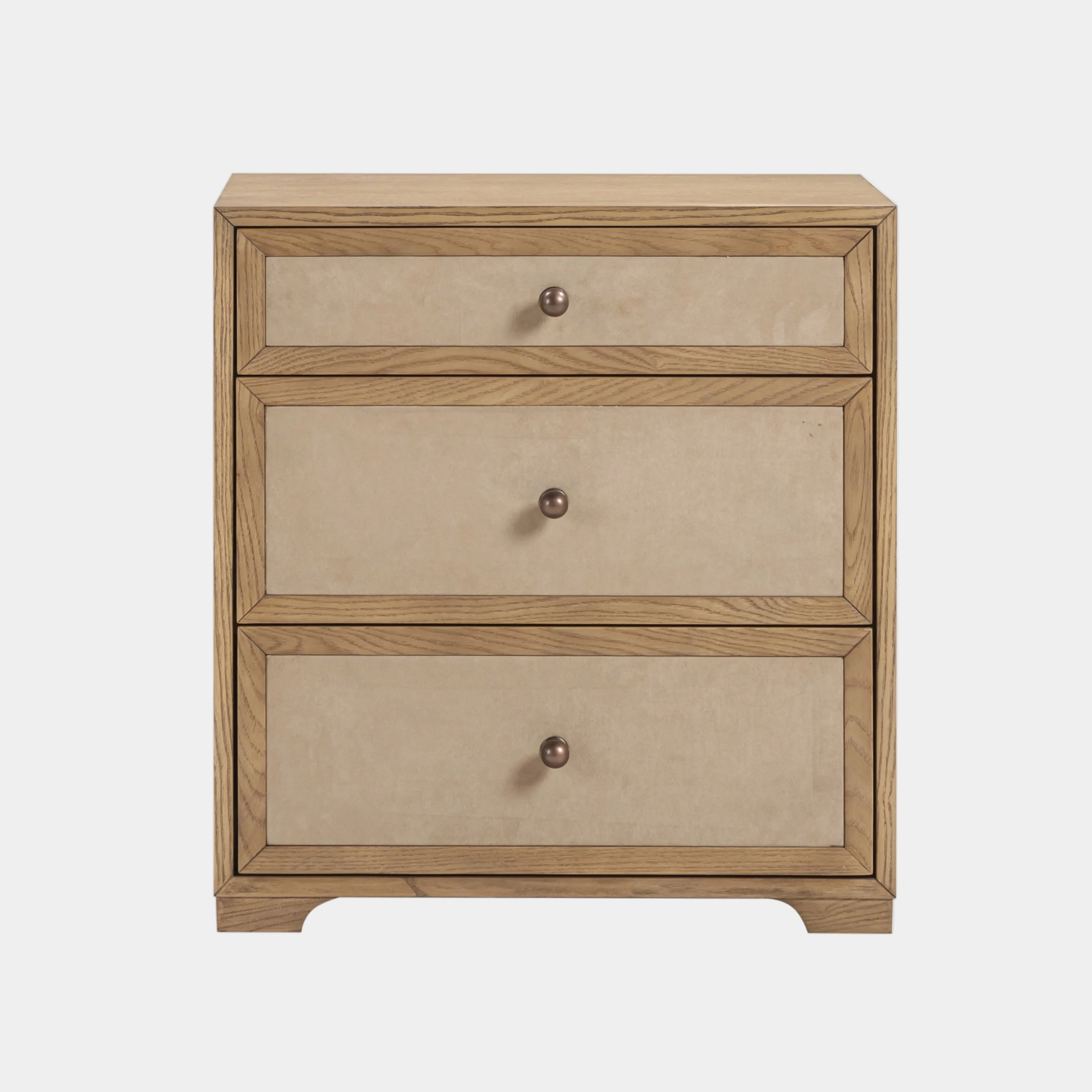 Laurentis 23.5" Light Taupe Suede and Wood 3-Drawer Nightstand