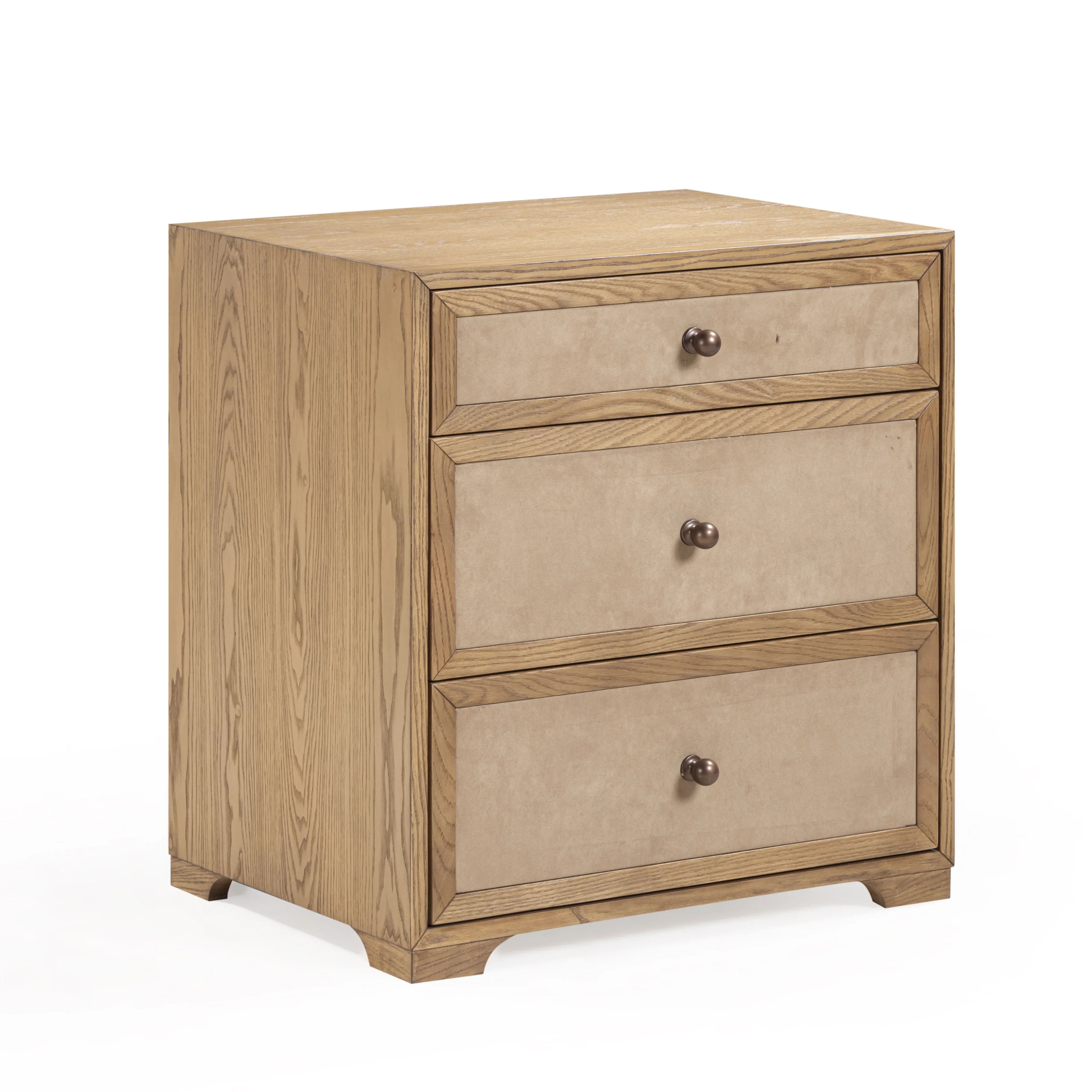 Laurentis 23.5" Light Taupe Suede and Wood 3-Drawer Nightstand - Image 4