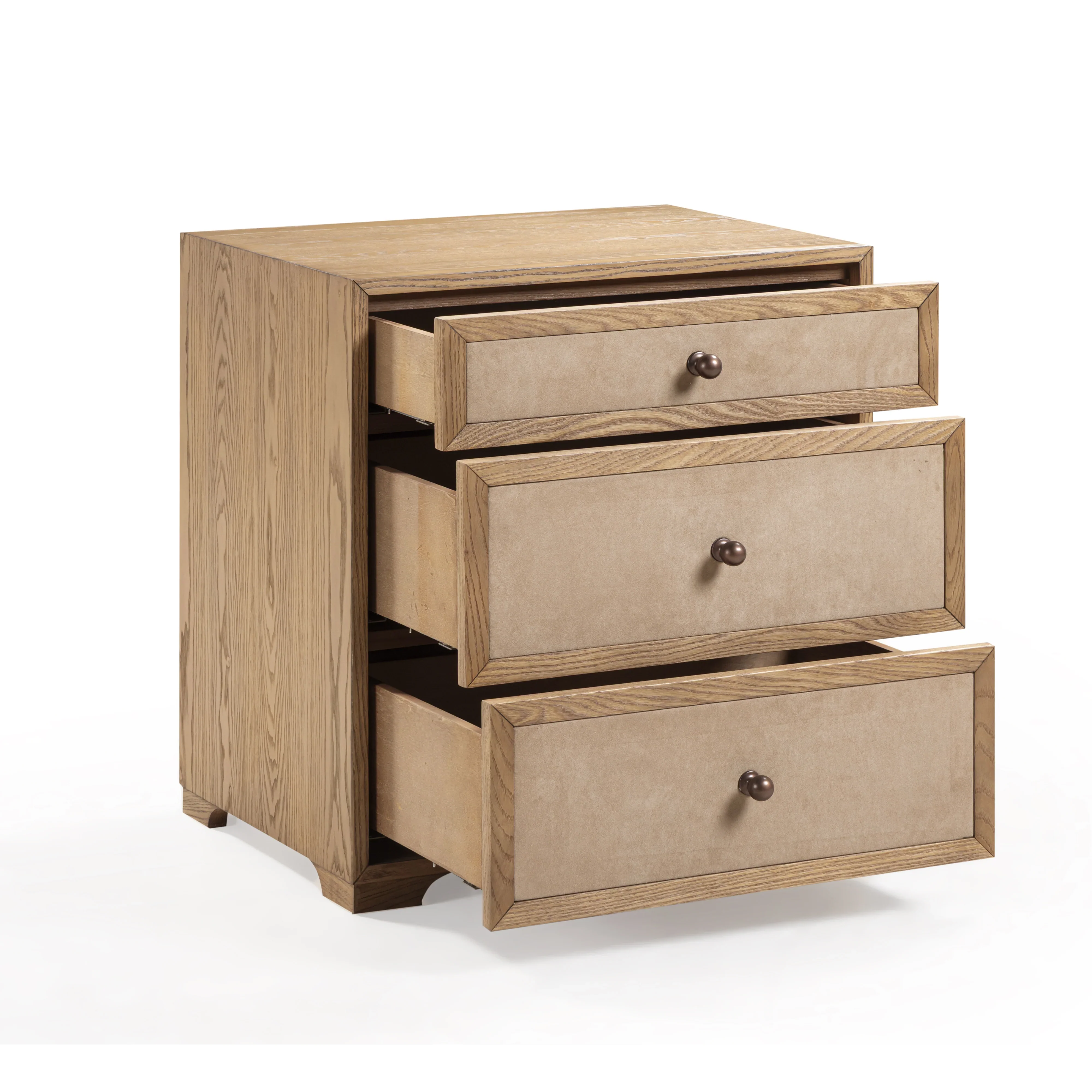 Laurentis 23.5" Light Taupe Suede and Wood 3-Drawer Nightstand - Image 5