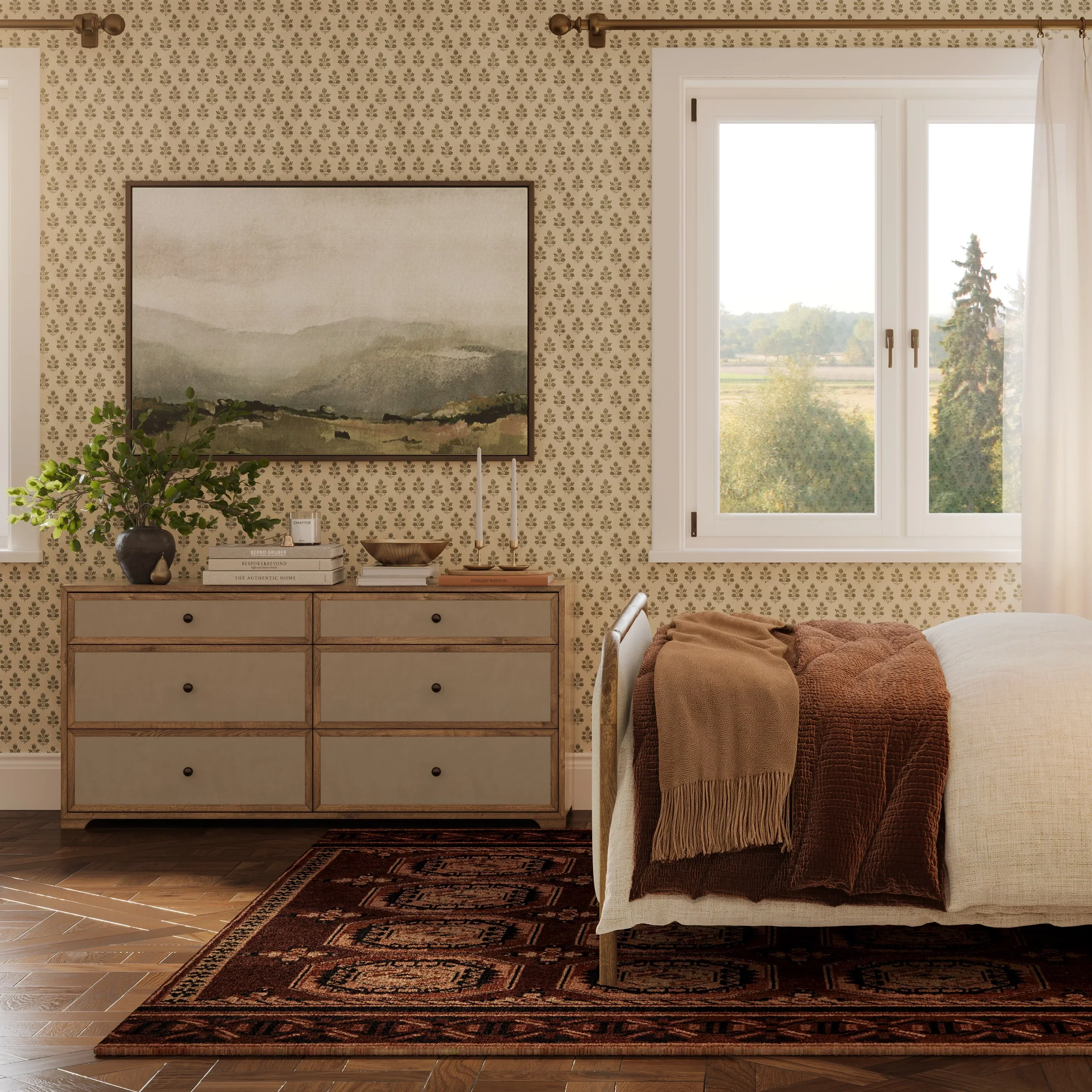 Laurentis 64" Light Taupe Suede and Wood 6-Drawer Dresser - Image 2