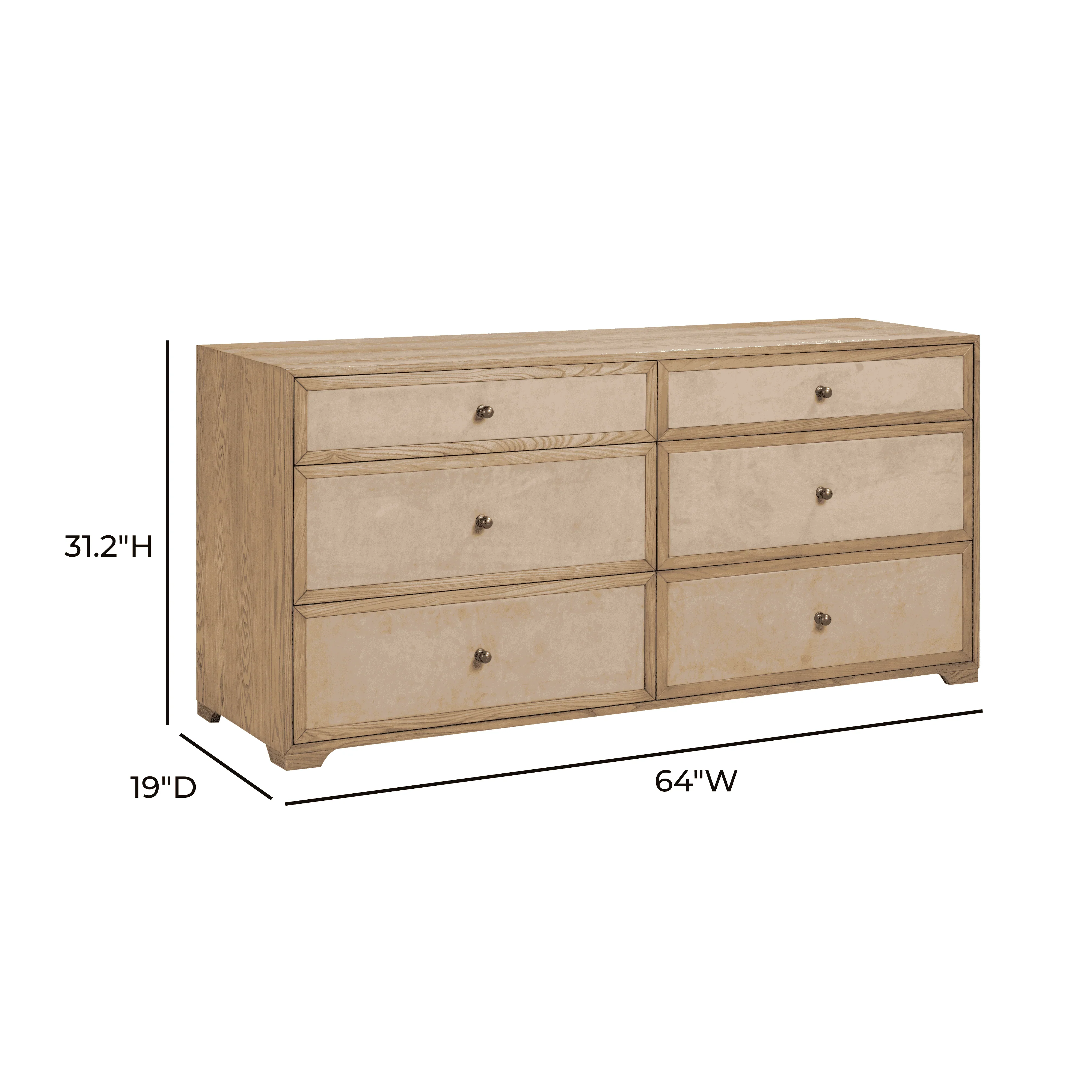 Laurentis 64" Light Taupe Suede and Wood 6-Drawer Dresser - Image 9