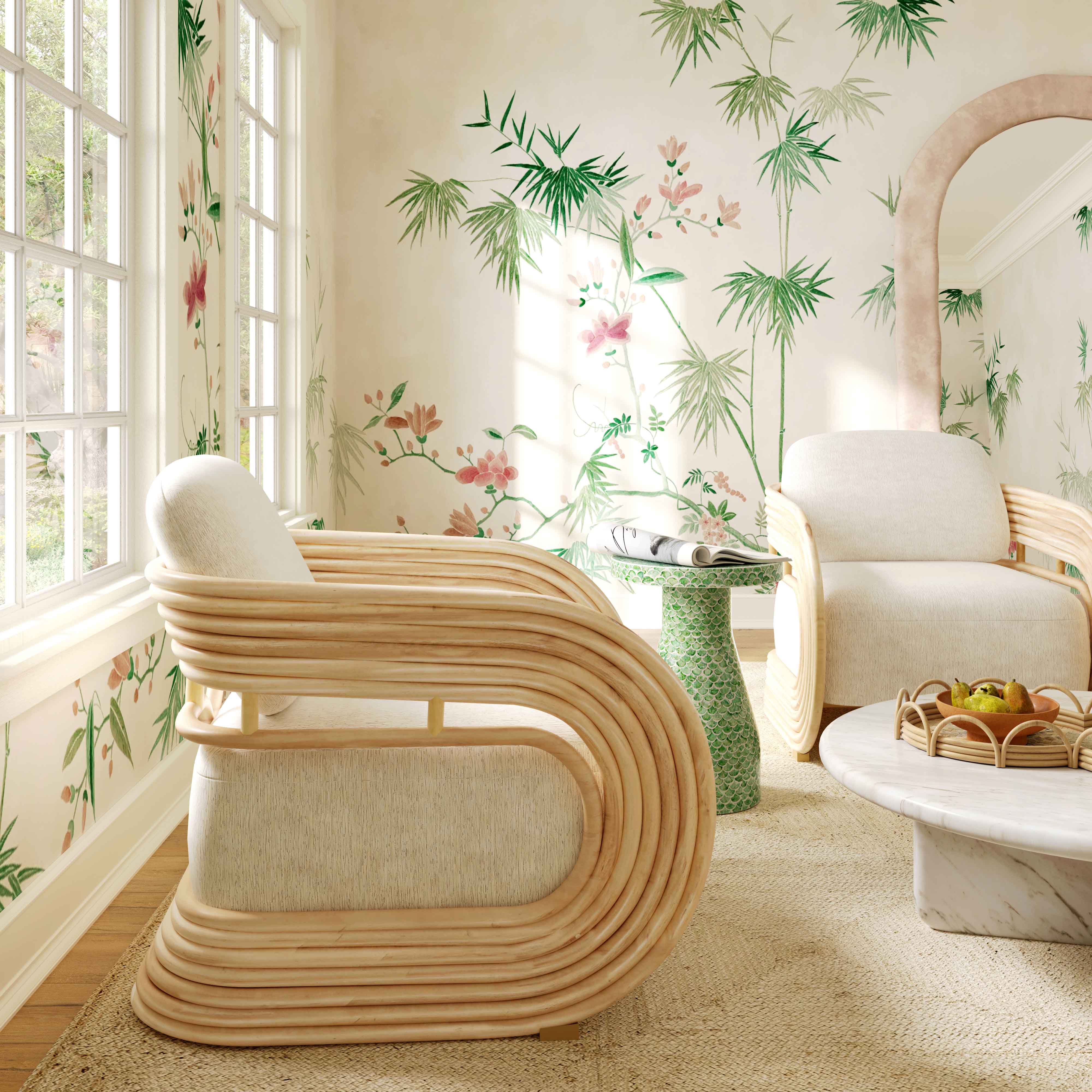 Lauretta Cream Performance Fabric and Natural Rattan Accent Chair - Image 2