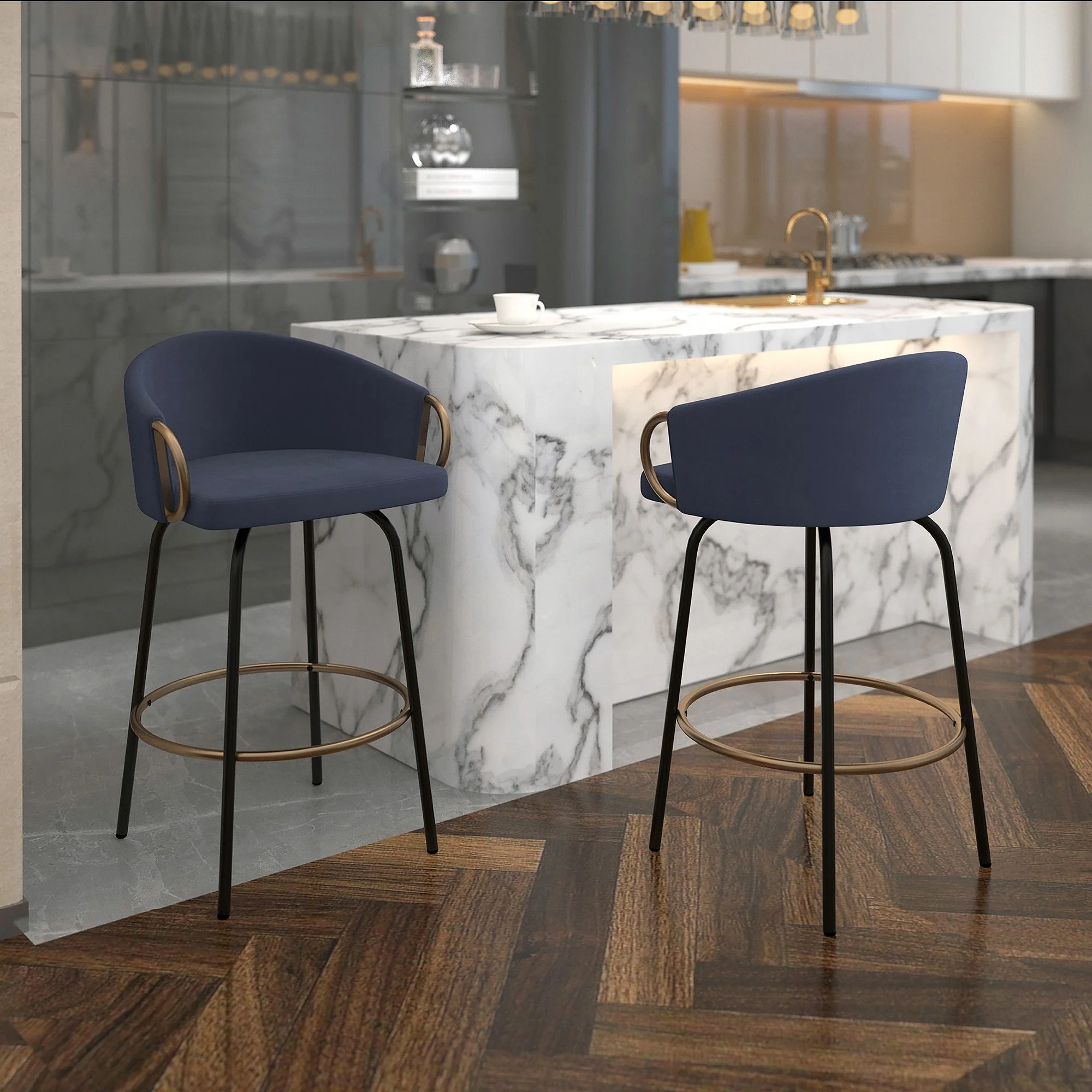 Lavo 26" Counter Stool, set of 2, in Blue and Black and Gold - Image 2