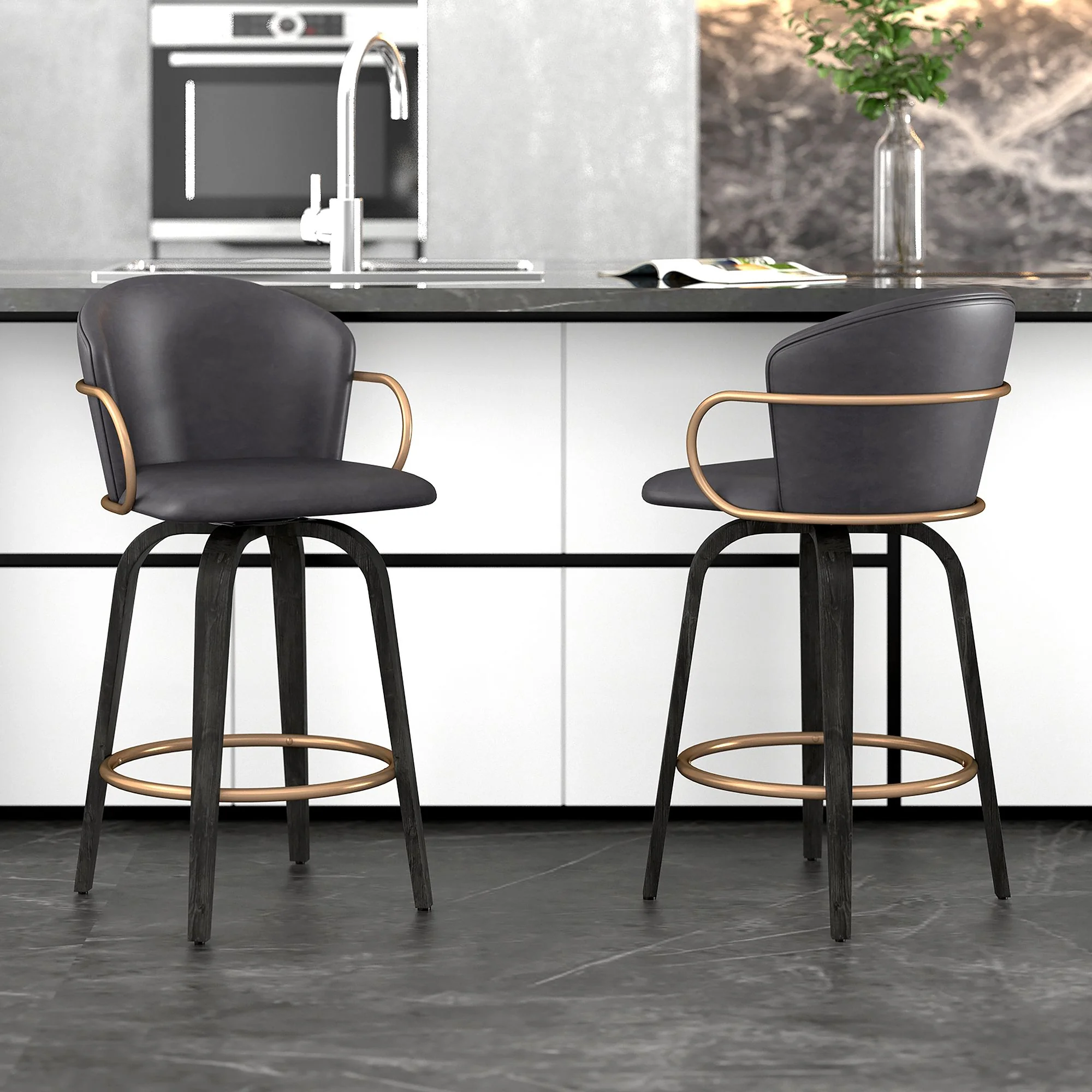 Lawson 26" Counter Stool, set of 2, with Swivel in Vintage Charcoal, Black and Aged Gold - Image 2