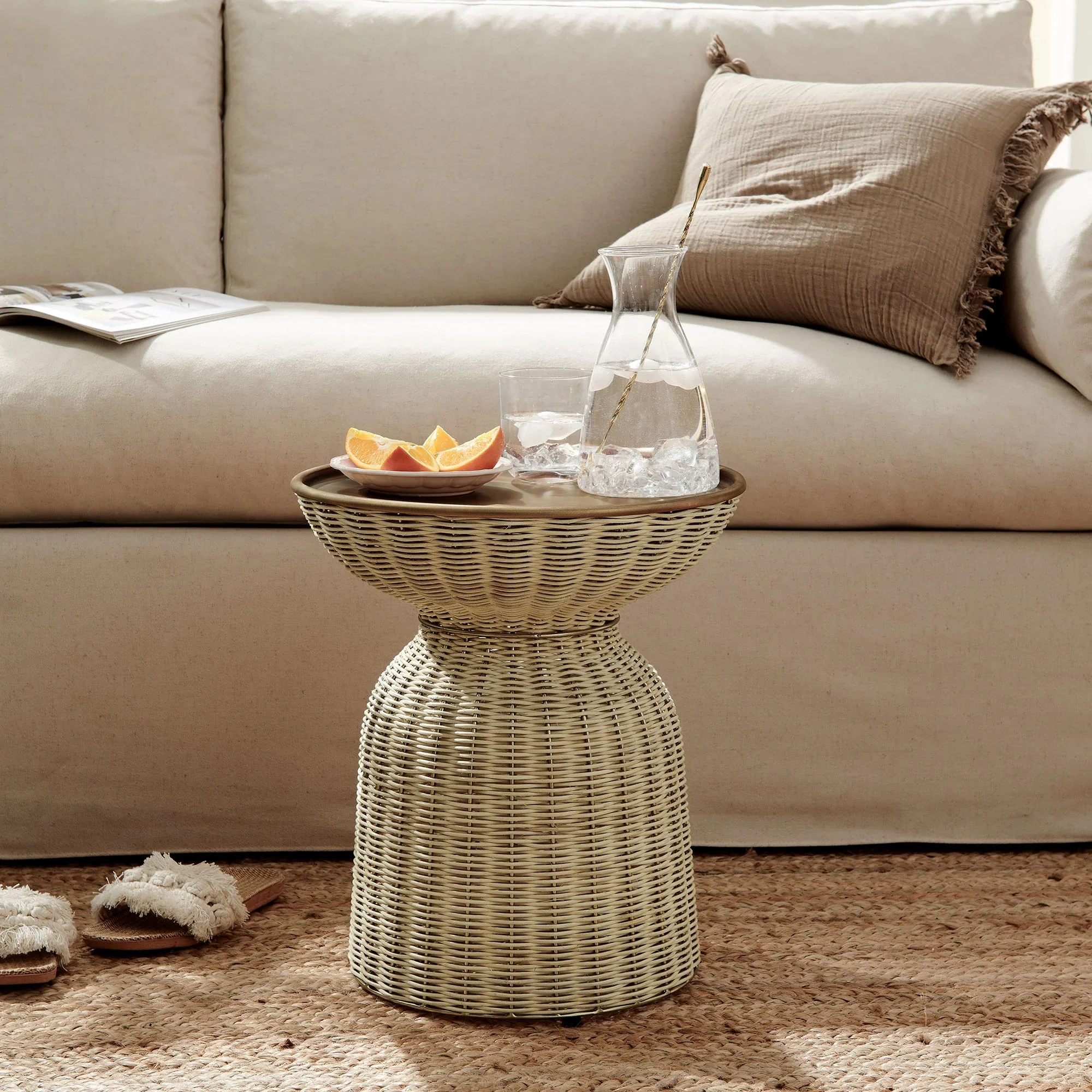 Lazaro Round Rattan Side Table in Burnished Brass Natural - Image 2