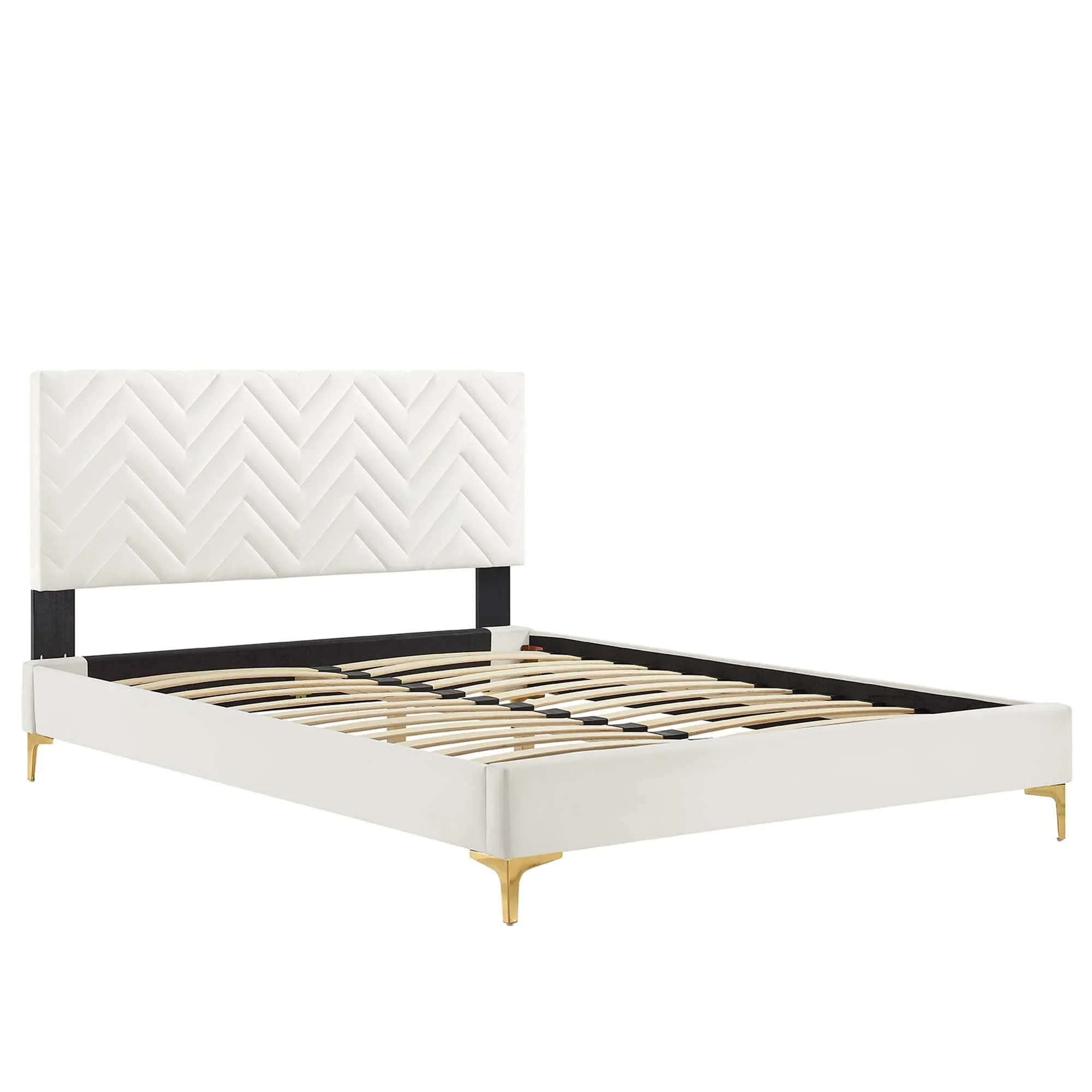 Leah Chevron Tufted Performance Velvet Platform Bed With Gold Metal Legs - Image 10