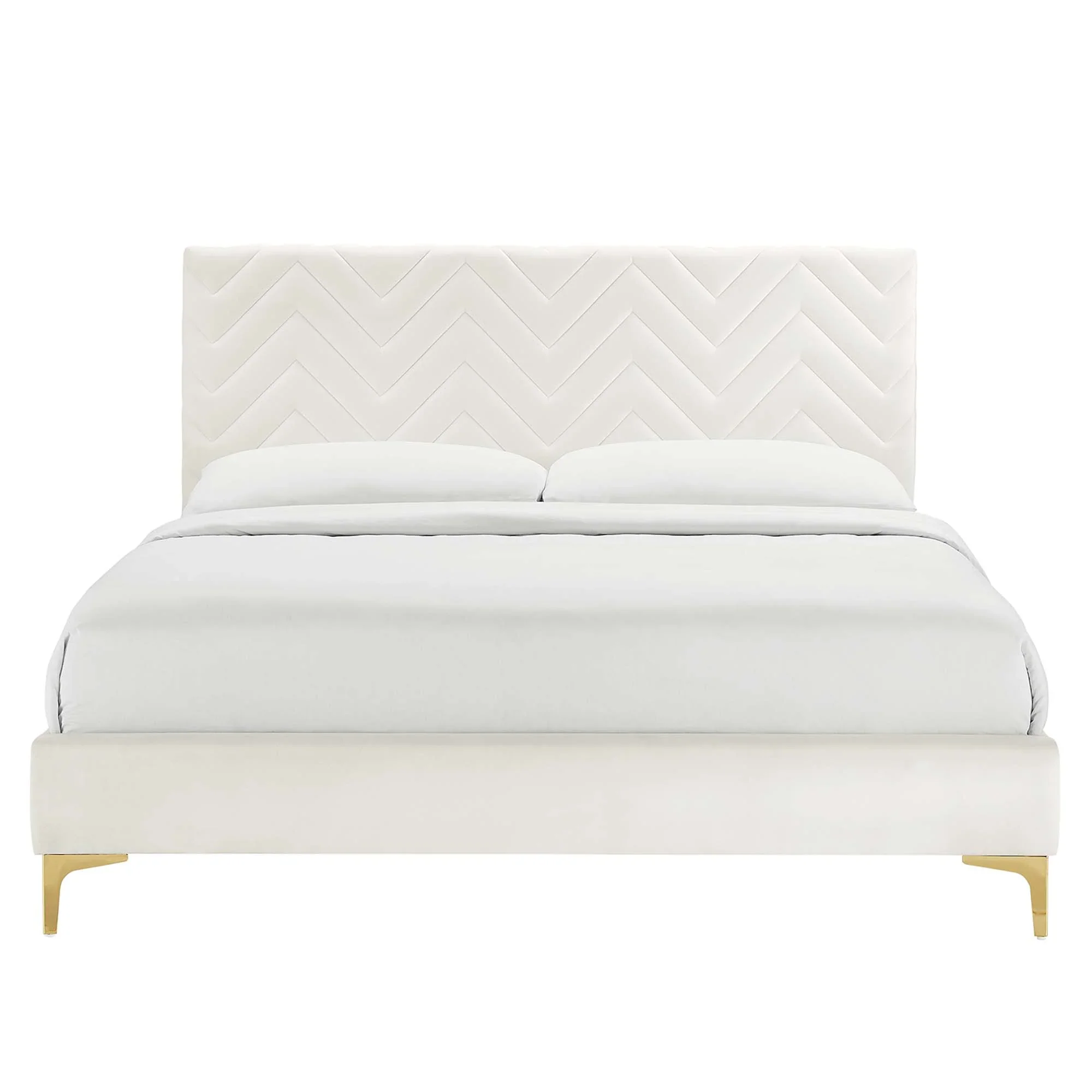 Leah Chevron Tufted Performance Velvet Platform Bed With Gold Metal Legs - Image 12