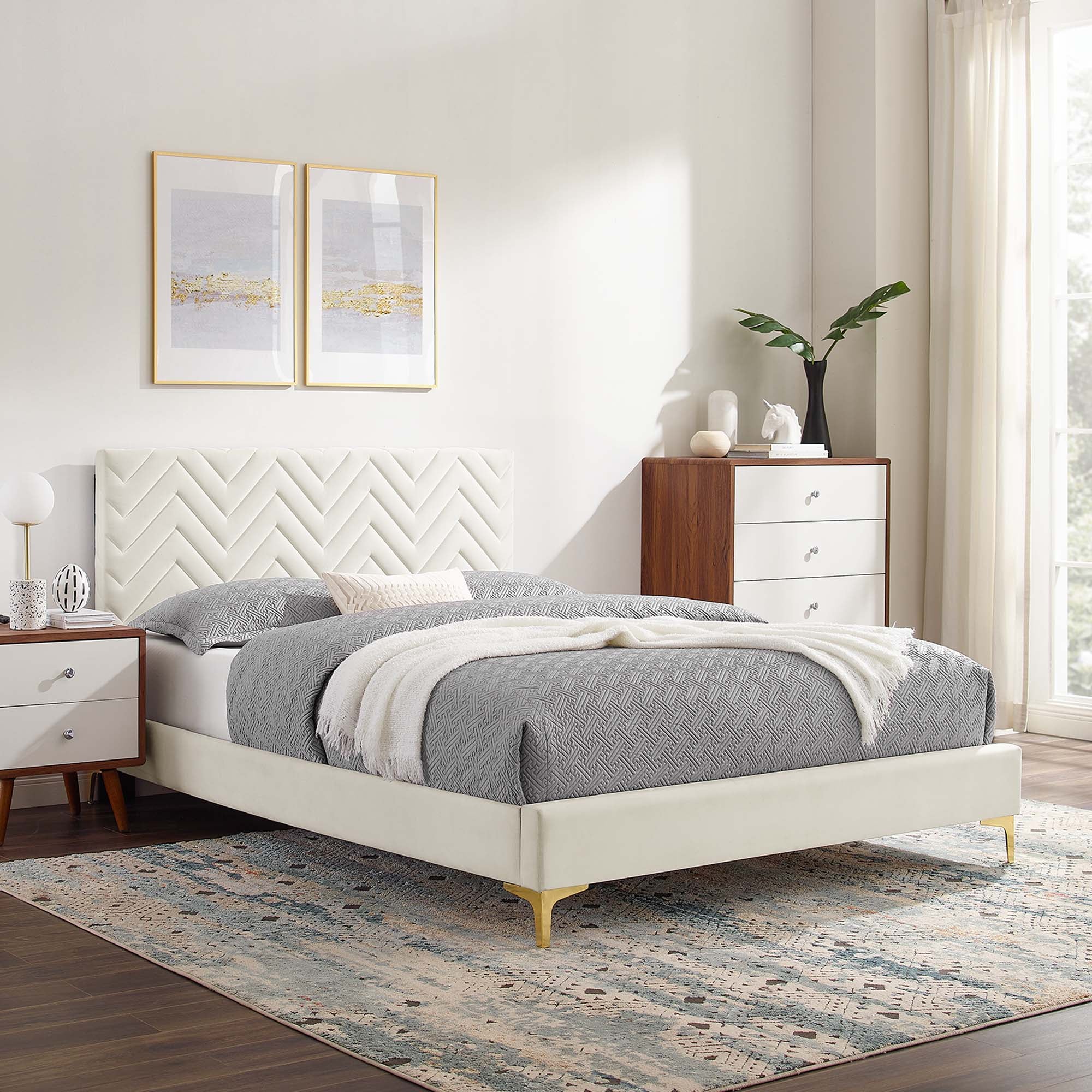 Leah Chevron Tufted Performance Velvet Platform Bed With Gold Metal Legs - Image 14