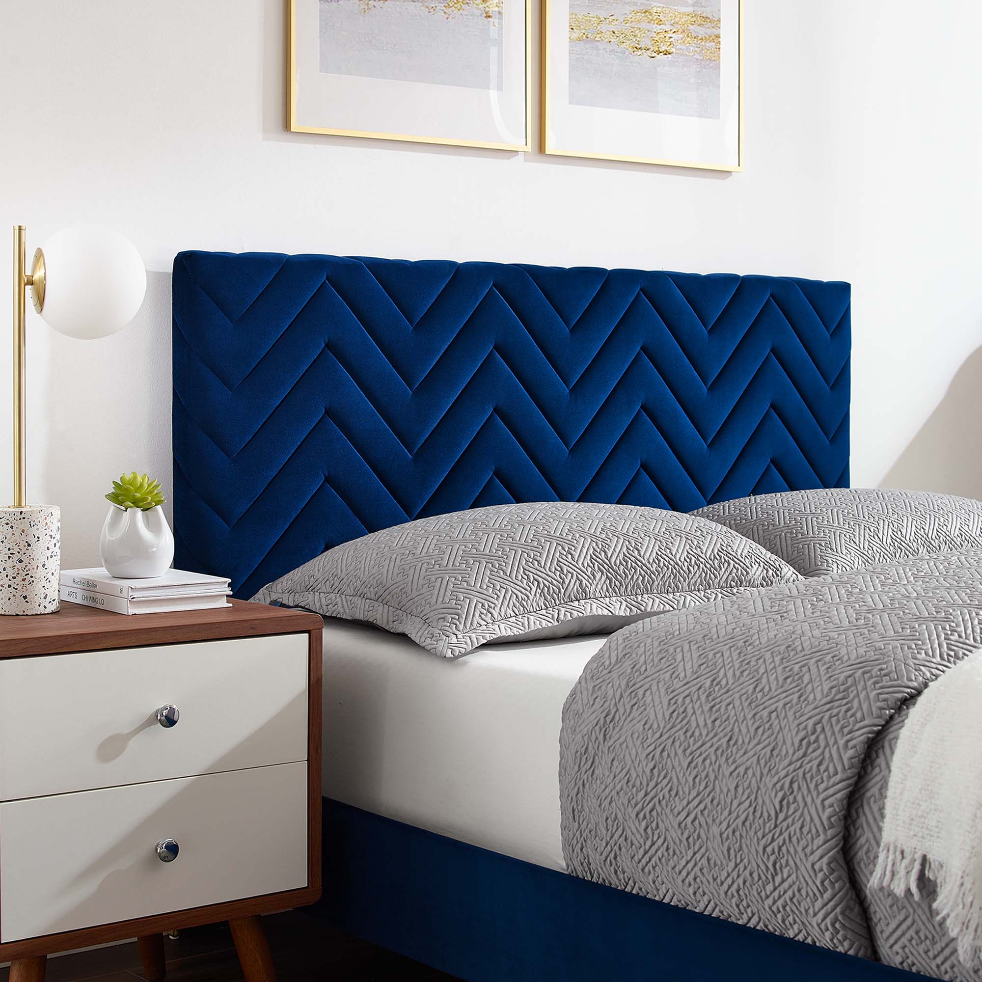 Leah Chevron Tufted Performance Velvet Platform Bed With Gold Metal Legs - Image 2